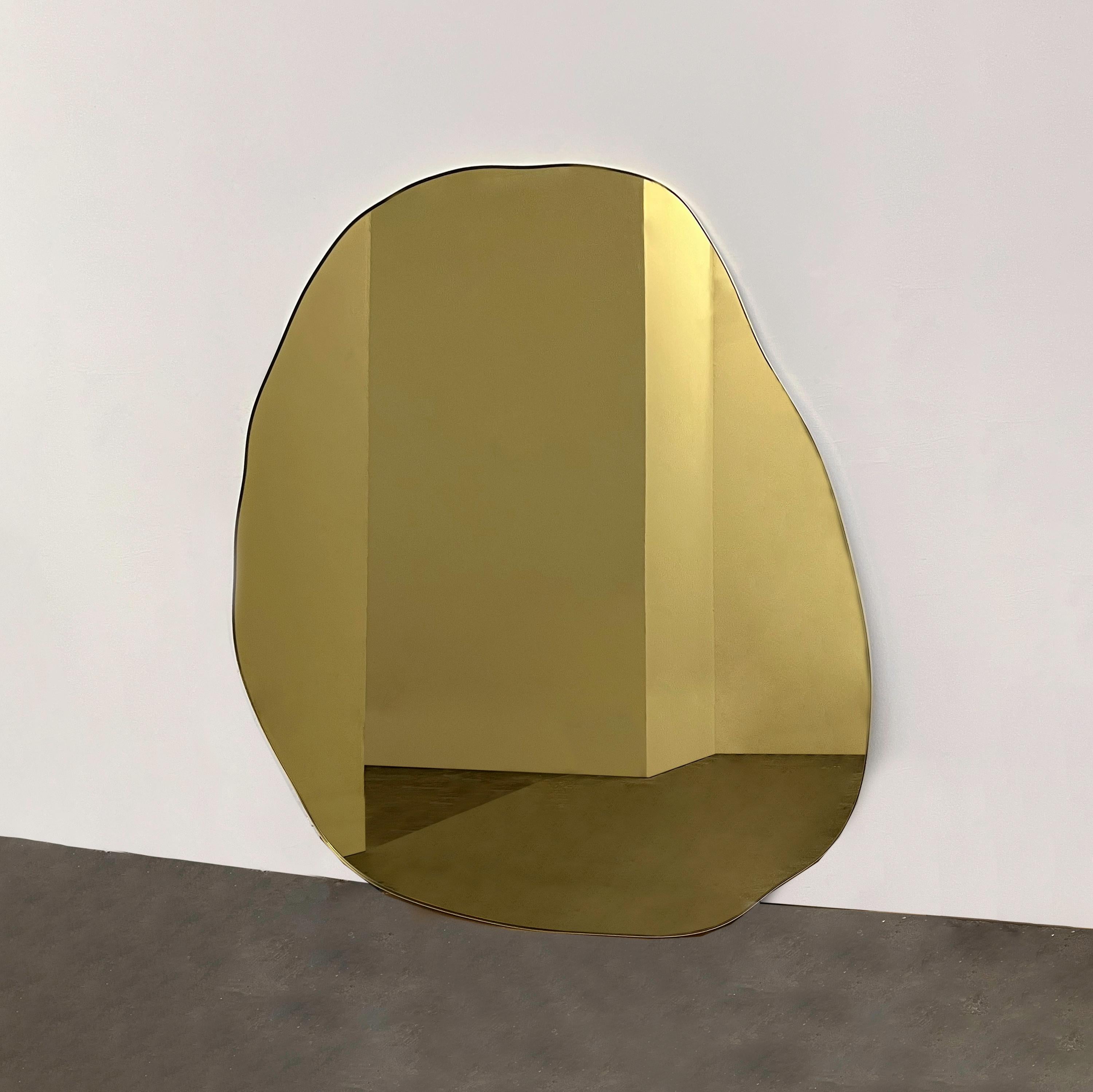 Organic Modern Contemporary Irregular Freeform Gold Tinted Mirror with Brass Frame, Oversized For Sale