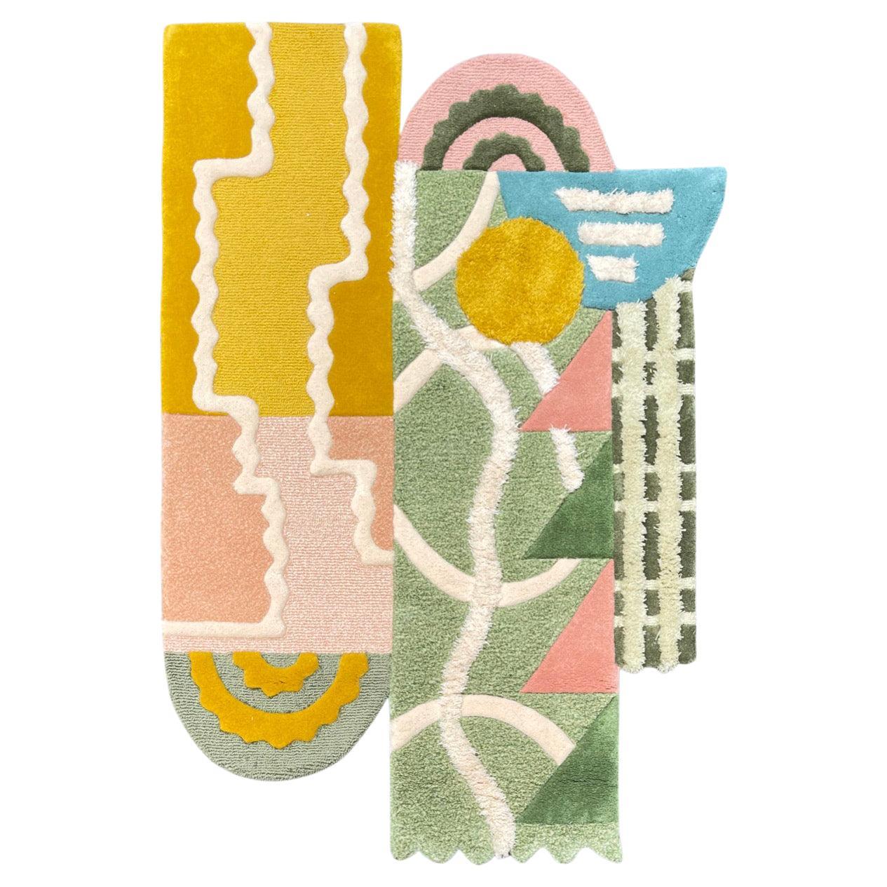 Modern Style Rug Irregular Shapes mixed with Pastel Yellow Green Peach Beige