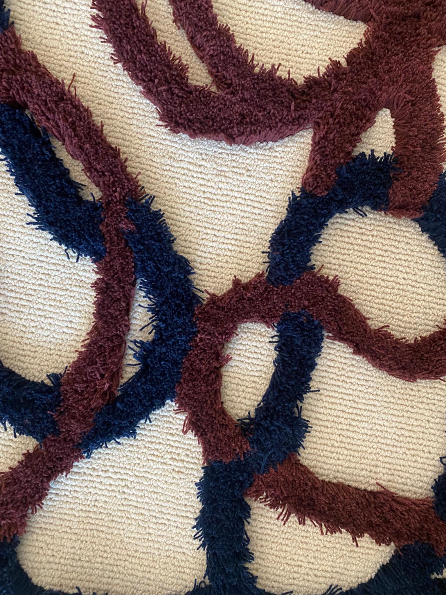 Modern Contemporary Irregular Shape Shaggy Maroon Blue and Beige Rug '' by Rag Home For Sale