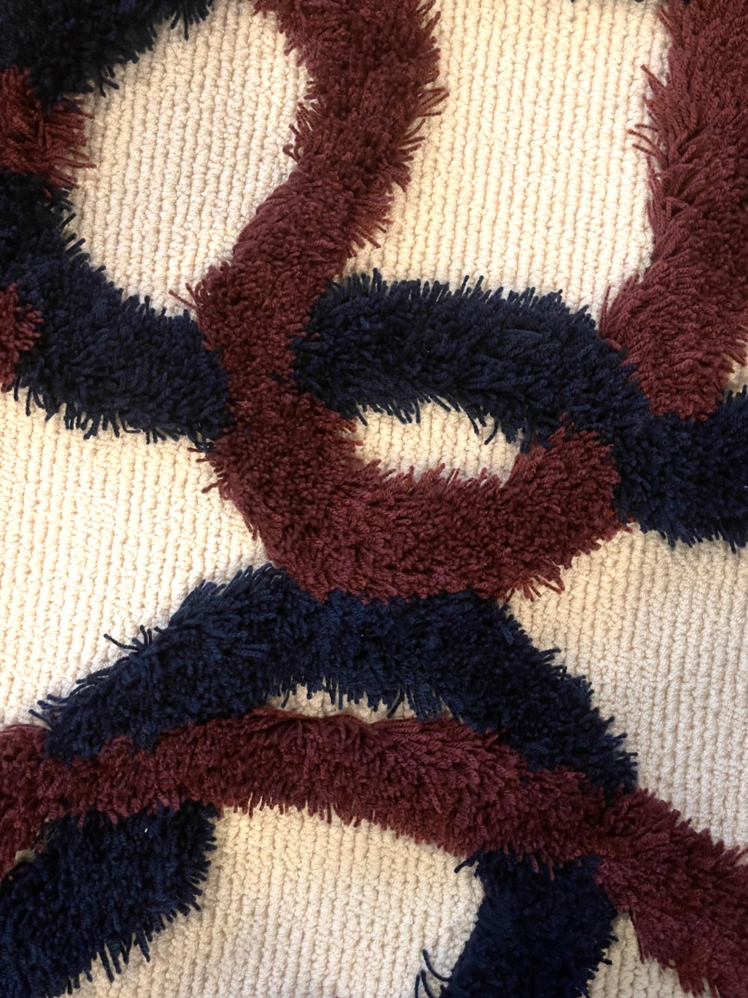 Hand-Knotted Contemporary Irregular Shape Shaggy Maroon Blue and Beige Rug '' by Rag Home For Sale