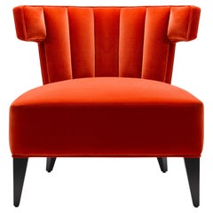Contemporary Isabella Channelled Slipper Chair in Red Velvet with Legs in Walnut