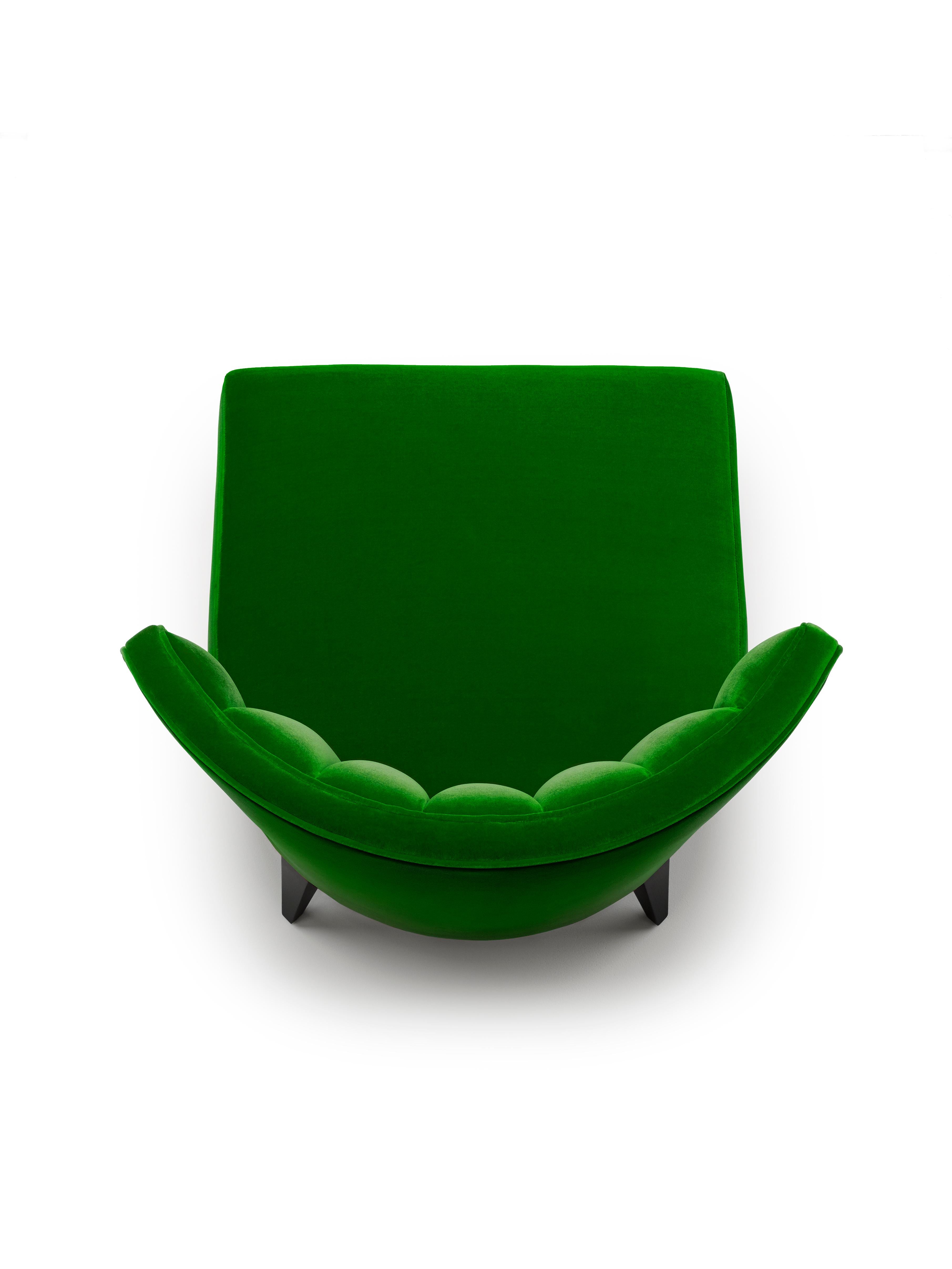 English Contemporary Isabella Scalloped Slipper Chair Emerald Green Velvet Walnut Legs For Sale