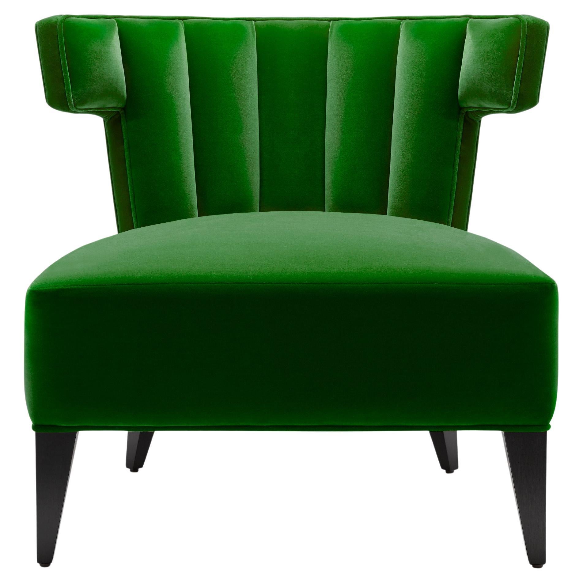 Contemporary Isabella Scalloped Slipper Chair Emerald Green Velvet Walnut Legs For Sale