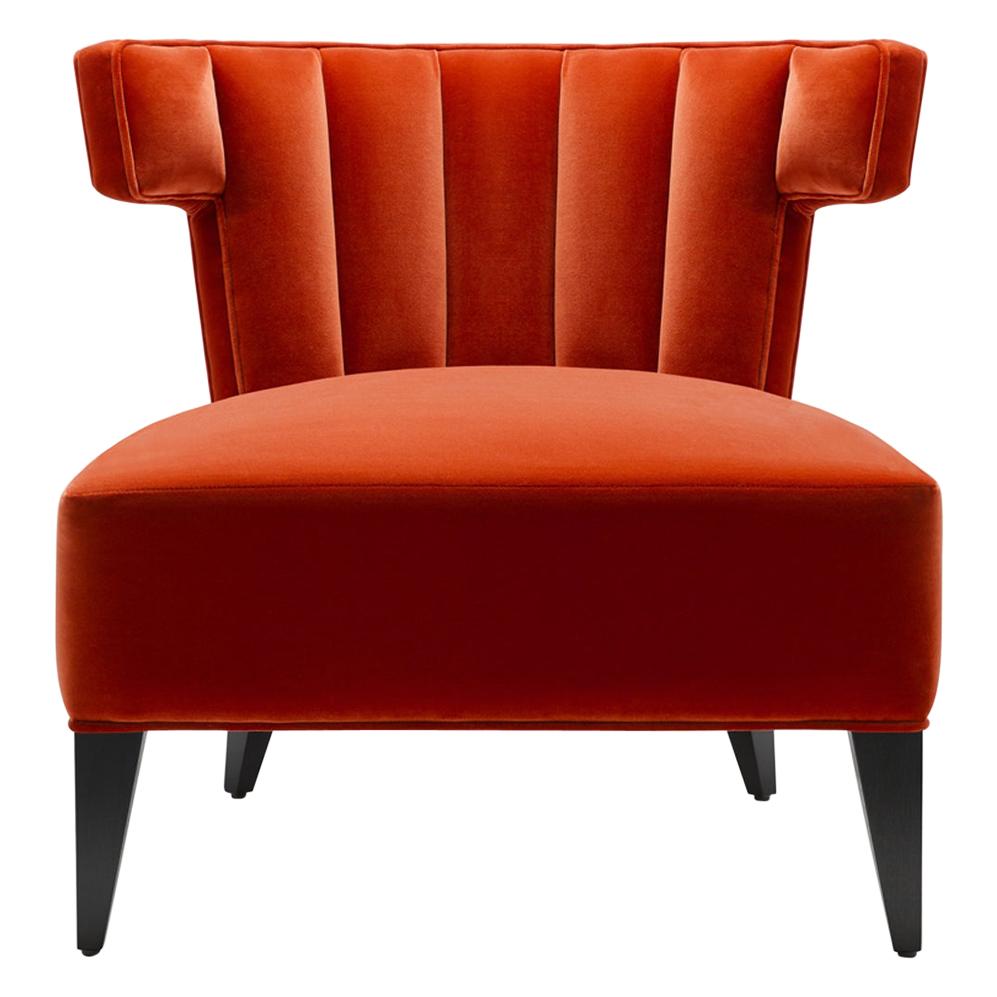 Contemporary Isabella Channelled Slipper Chair in Red Velvet with Legs in Walnut