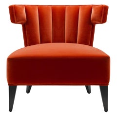 Contemporary Isabella Channelled Slipper Chair in Red Velvet with Legs in Walnut