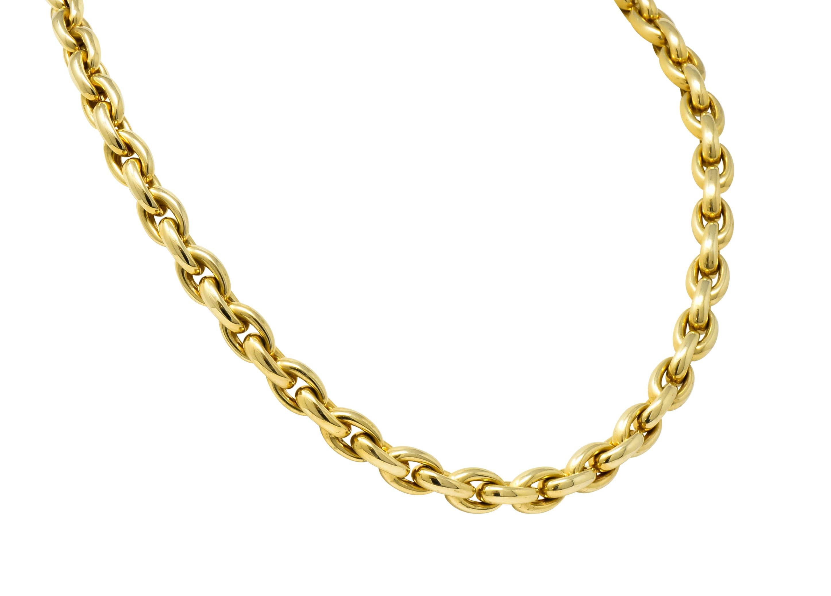 Necklace comprised of puffed mariner style links 

With a bright polished gold finish

Completed by a stylized lobster clasp

With maker's mark and stamped Italy 14KT for 14 karat Italian gold

Length: 19 inches

Width: 3/8 inch

Total Weight: 54.4