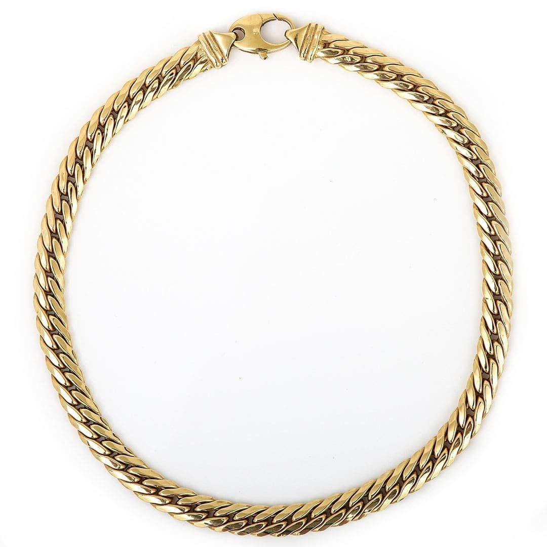 A statement contemporary Italian 18ct yellow gold herringbone link necklace. A modern jewellery box staple, this large 17”, 50g, 18 carat yellow gold herringbone link necklace is perfectly equipped to inject class, glamour and charm into your