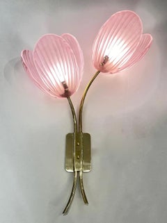 Contemporary Italian 2-Branch Pink Murano Glass Tulip Flower Gold Brass Sconces