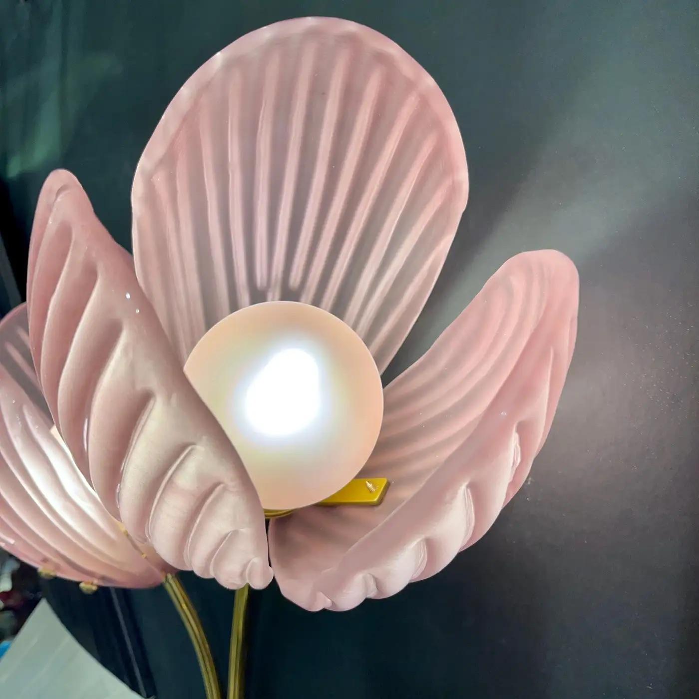 Mid-Century Modern Contemporary Italian 2-Branch Pink Murano Glass Tulip Flower Gold Brass Sconces For Sale