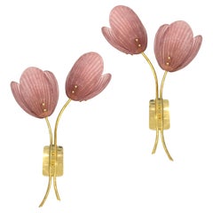 Contemporary Italian 2-Branch Pink Murano Glass Tulip Flower Gold Brass Sconces