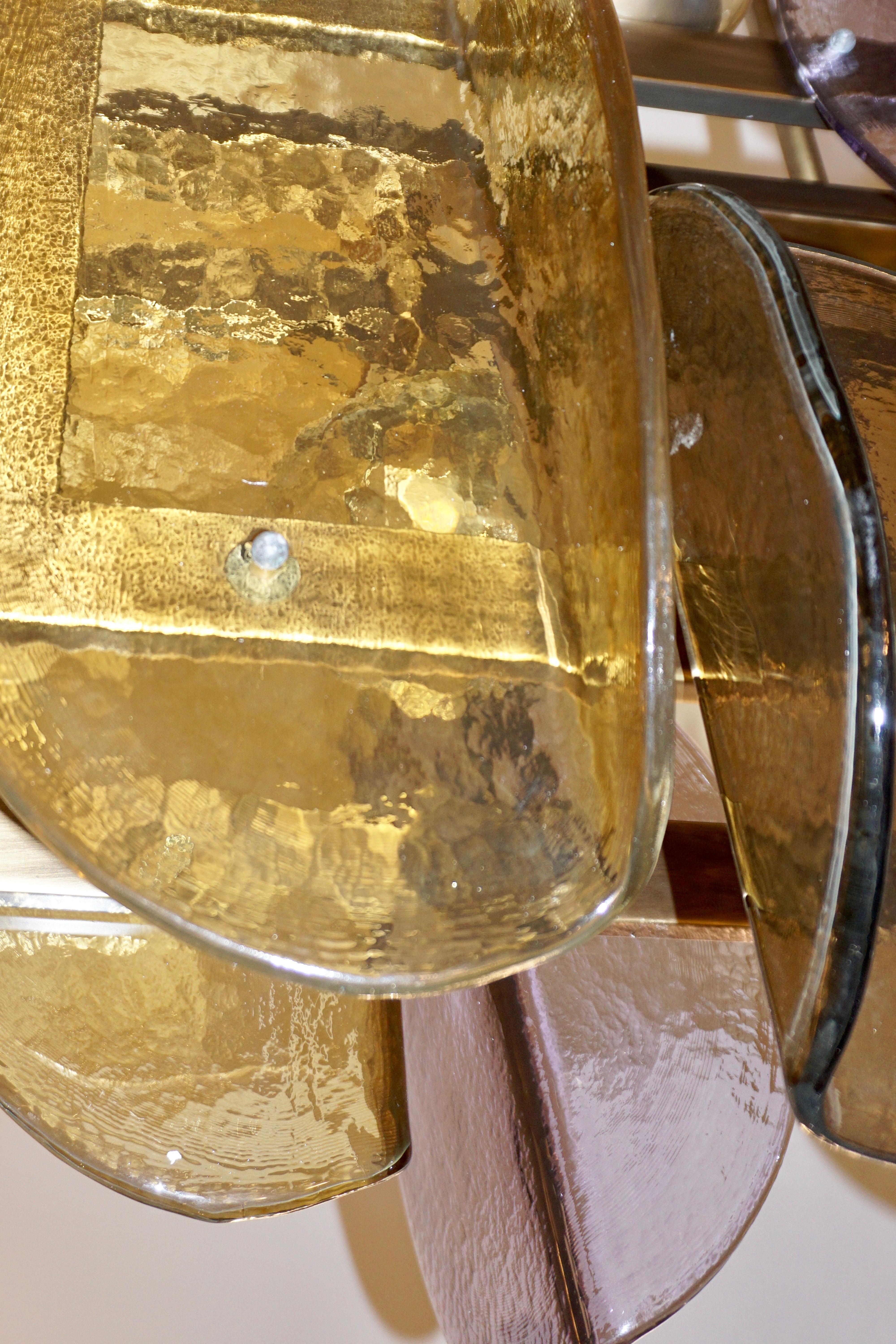 Italian Modern Amber & Amethyst Murano Glass Gold Bronze Double Frame Chandelier 5
