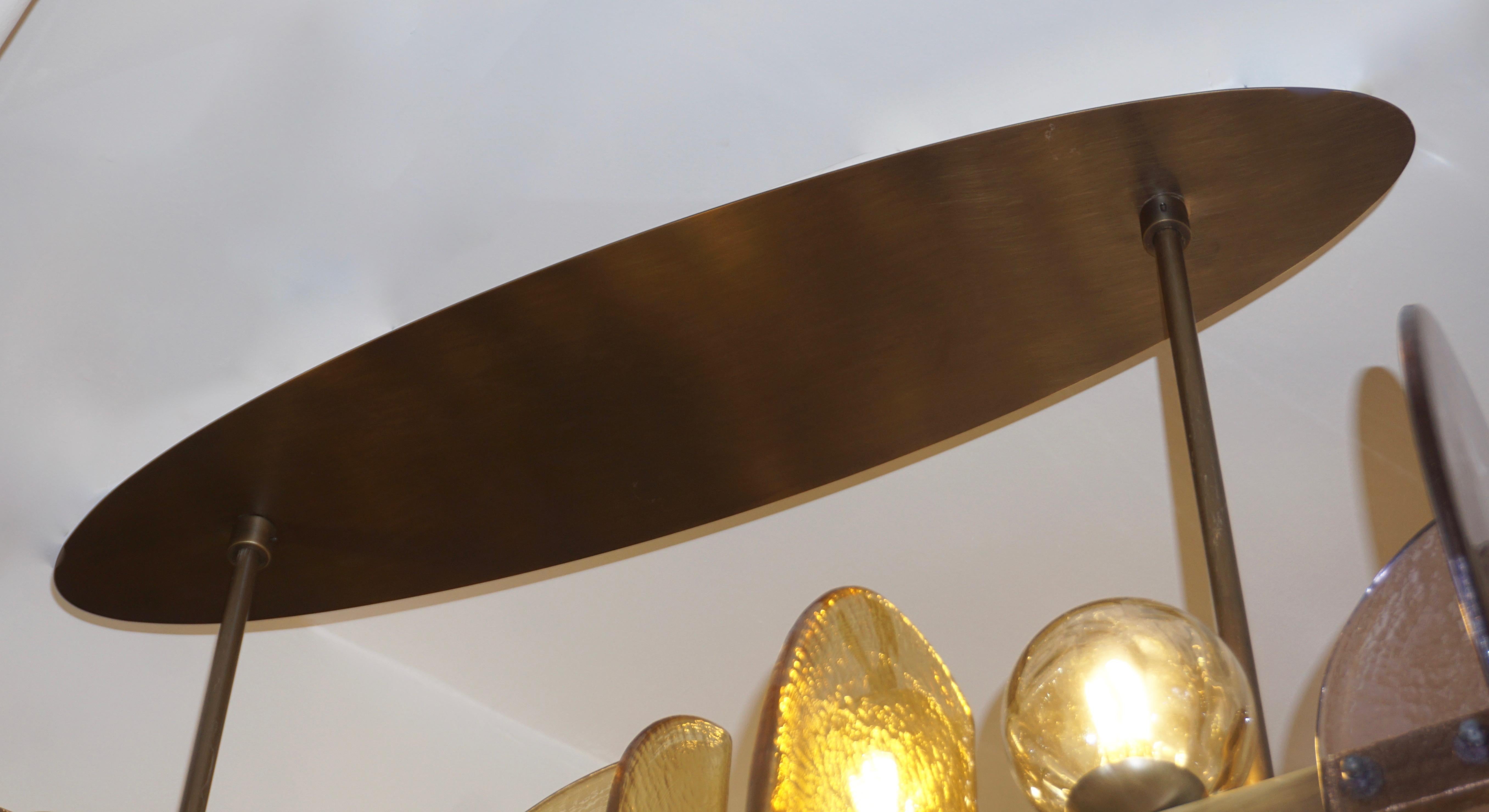 Italian Modern Amber & Amethyst Murano Glass Gold Bronze Double Frame Chandelier 1