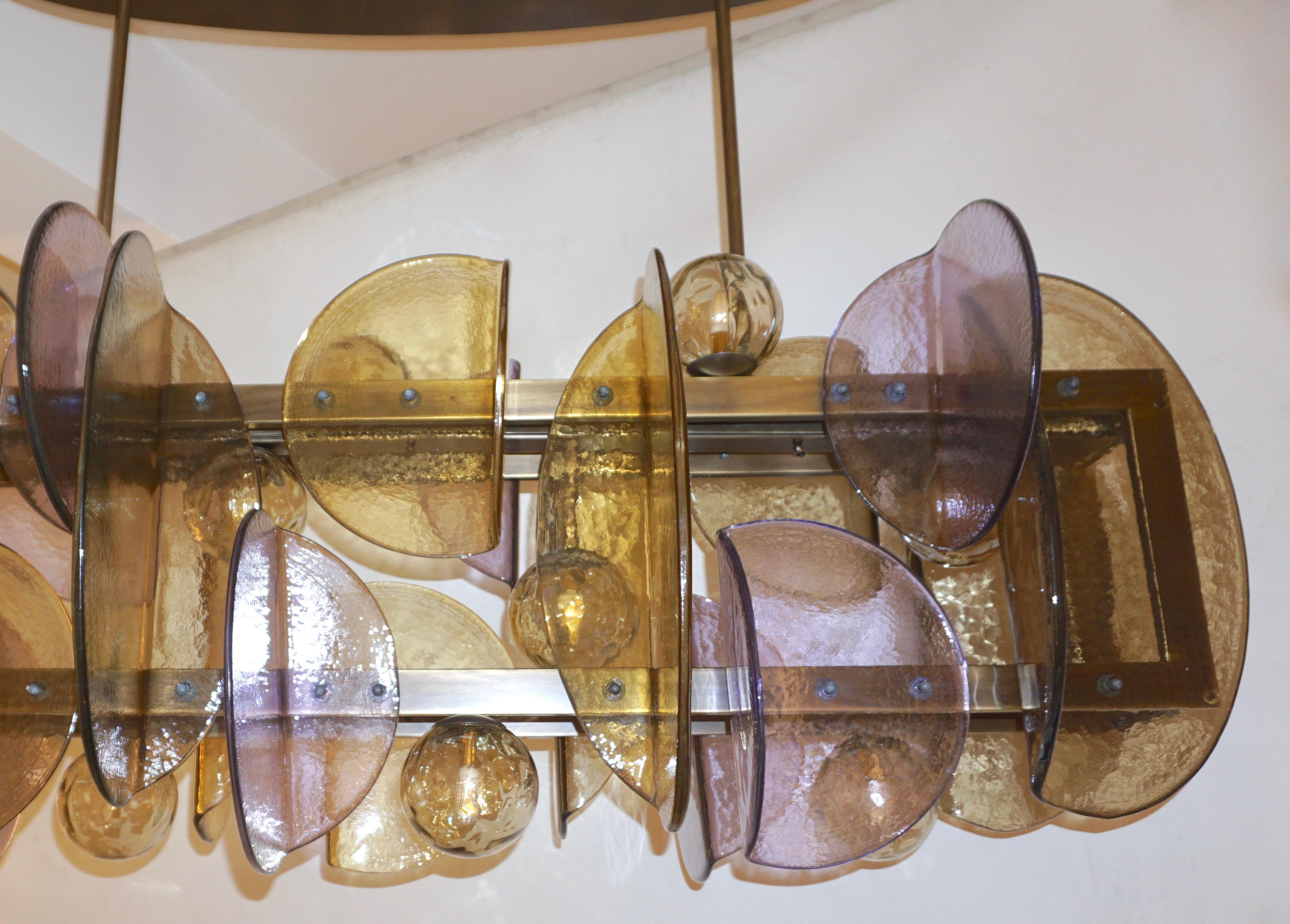 Italian Modern Amber & Amethyst Murano Glass Gold Bronze Double Frame Chandelier 2