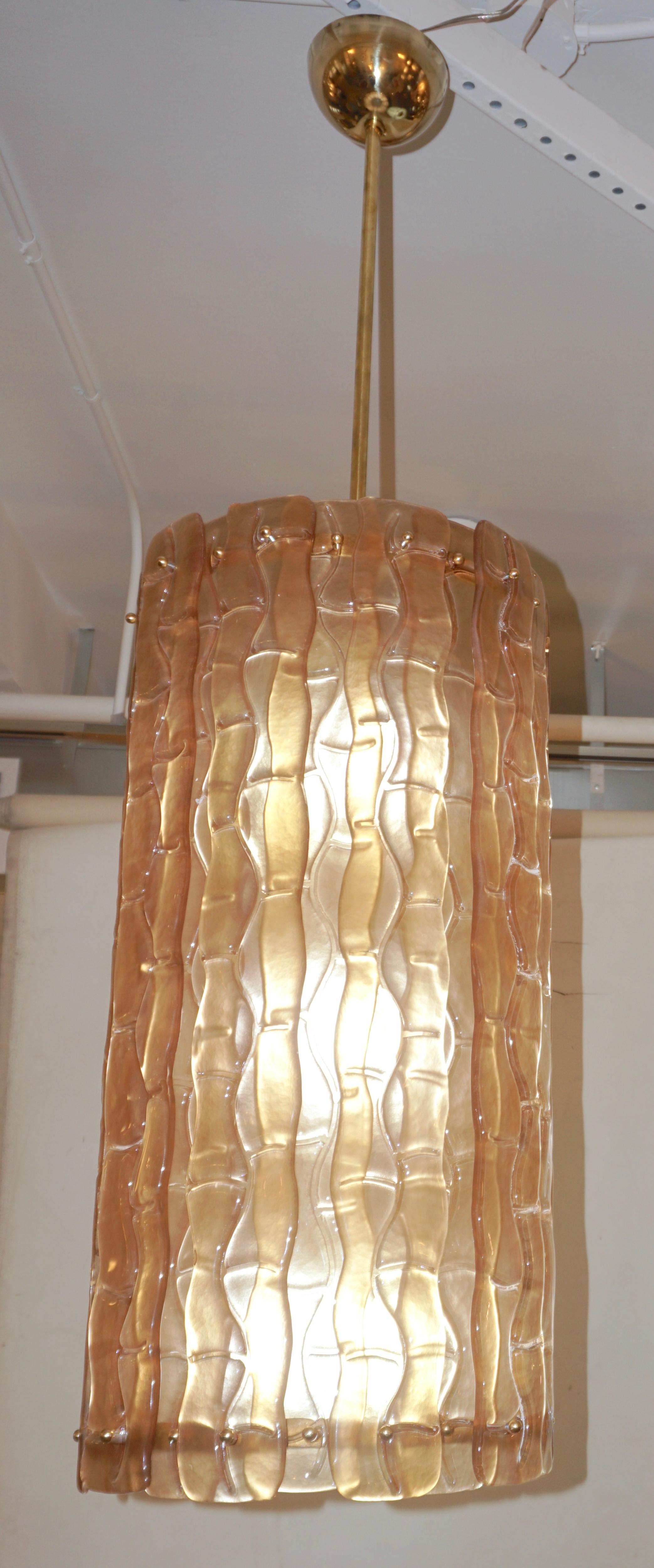 Organic Modern Contemporary Italian Amber Crystal Murano Glass Tall Brass Lantern / Chandelier