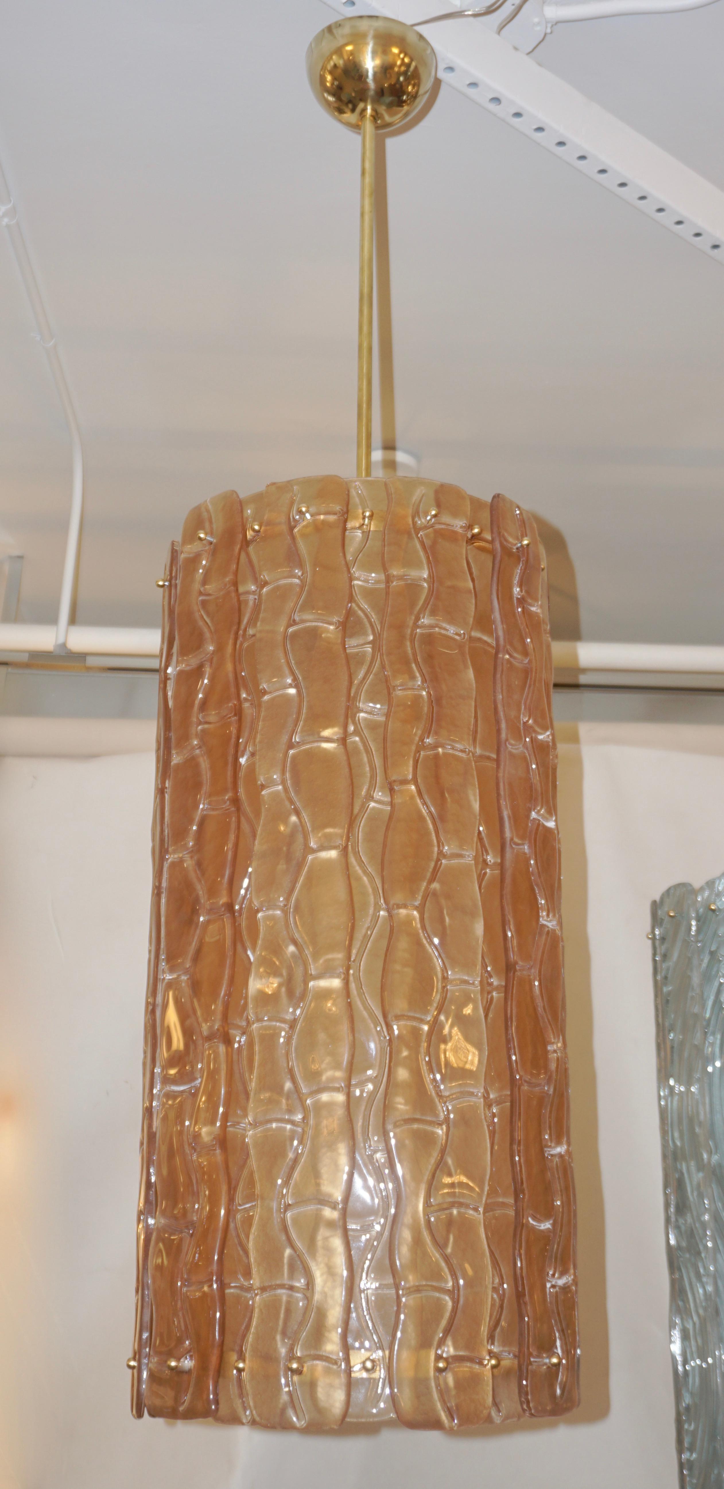 Contemporary Italian Amber Crystal Murano Glass Tall Brass Lantern / Chandelier 1