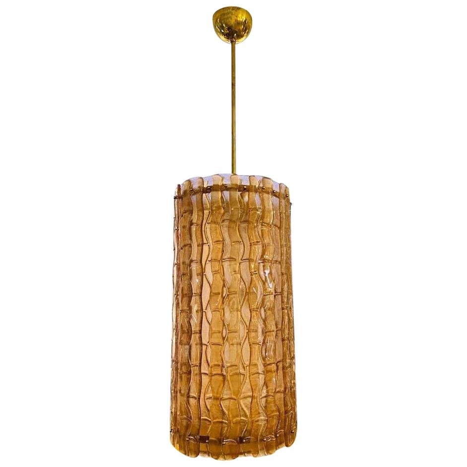 Contemporary Italian Amber Crystal Murano Glass Tall Brass Lantern / Chandelier