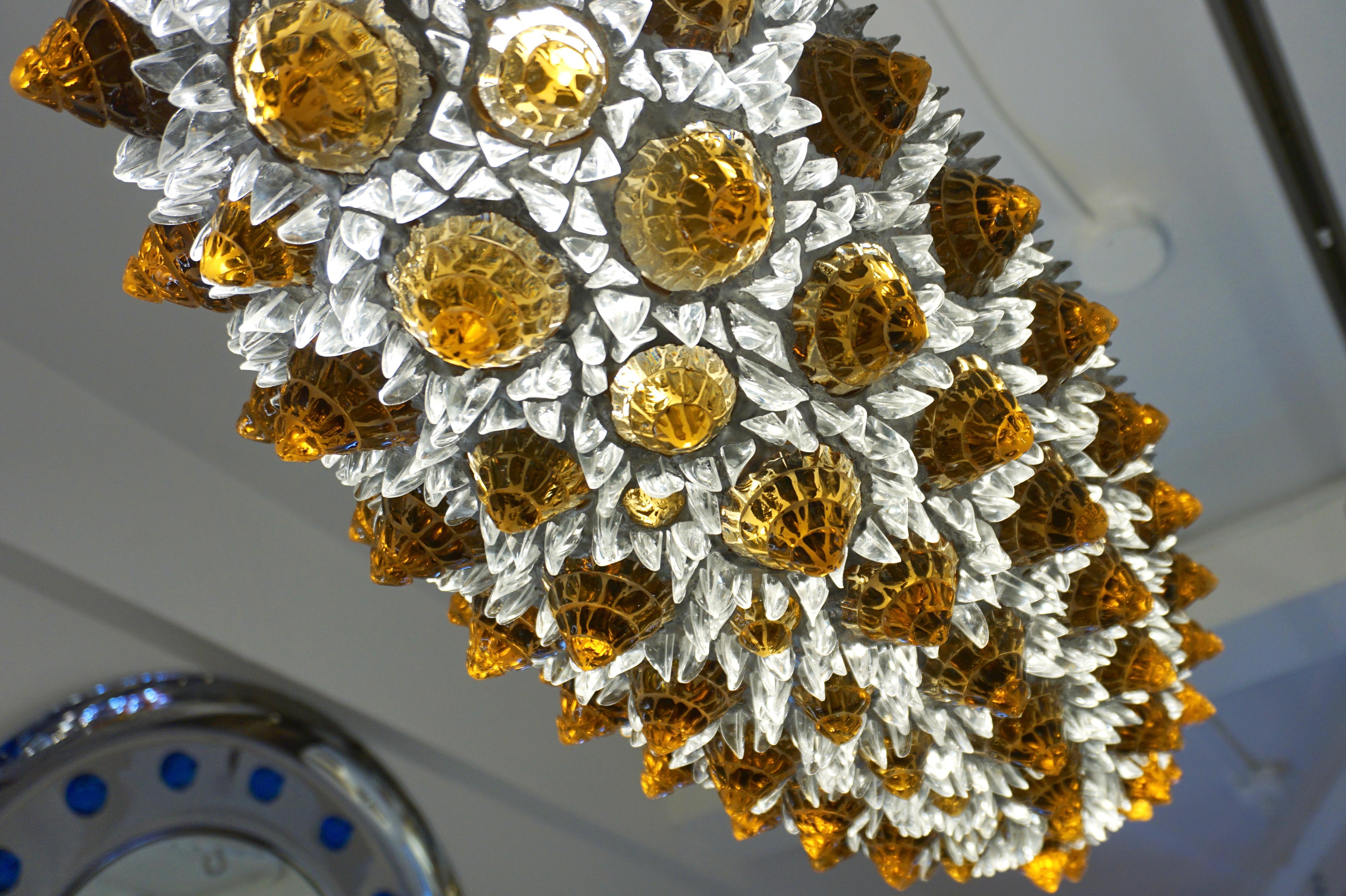 Contemporary Italian Amber Gold and Clear Glass Oval Silver Flush/Chandelier For Sale 7
