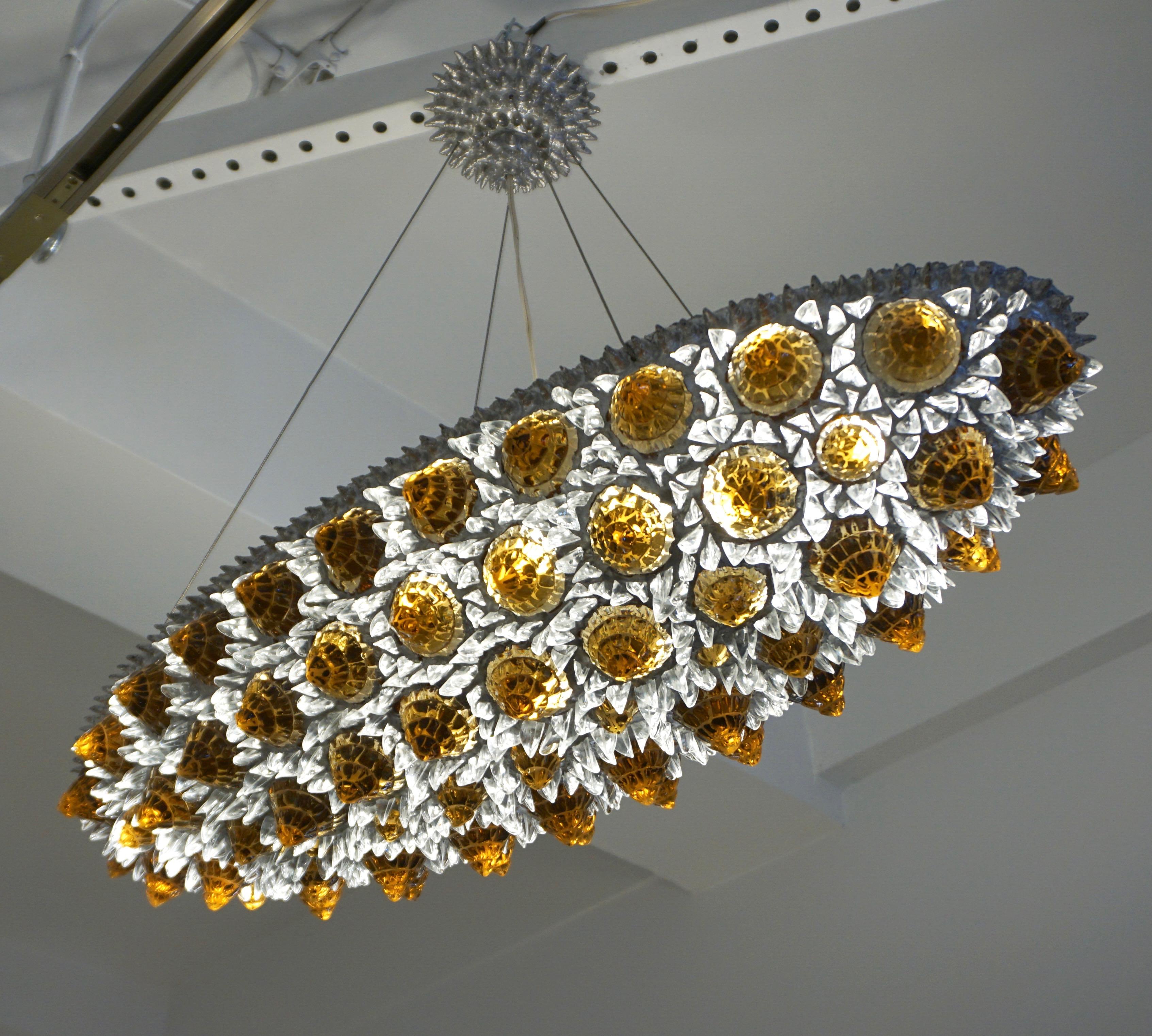 Zeitgenössischer italienischer Einbau-/Kronleuchter aus Bernstein, Gold und klarem Glas, Oval, Silber im Angebot 6