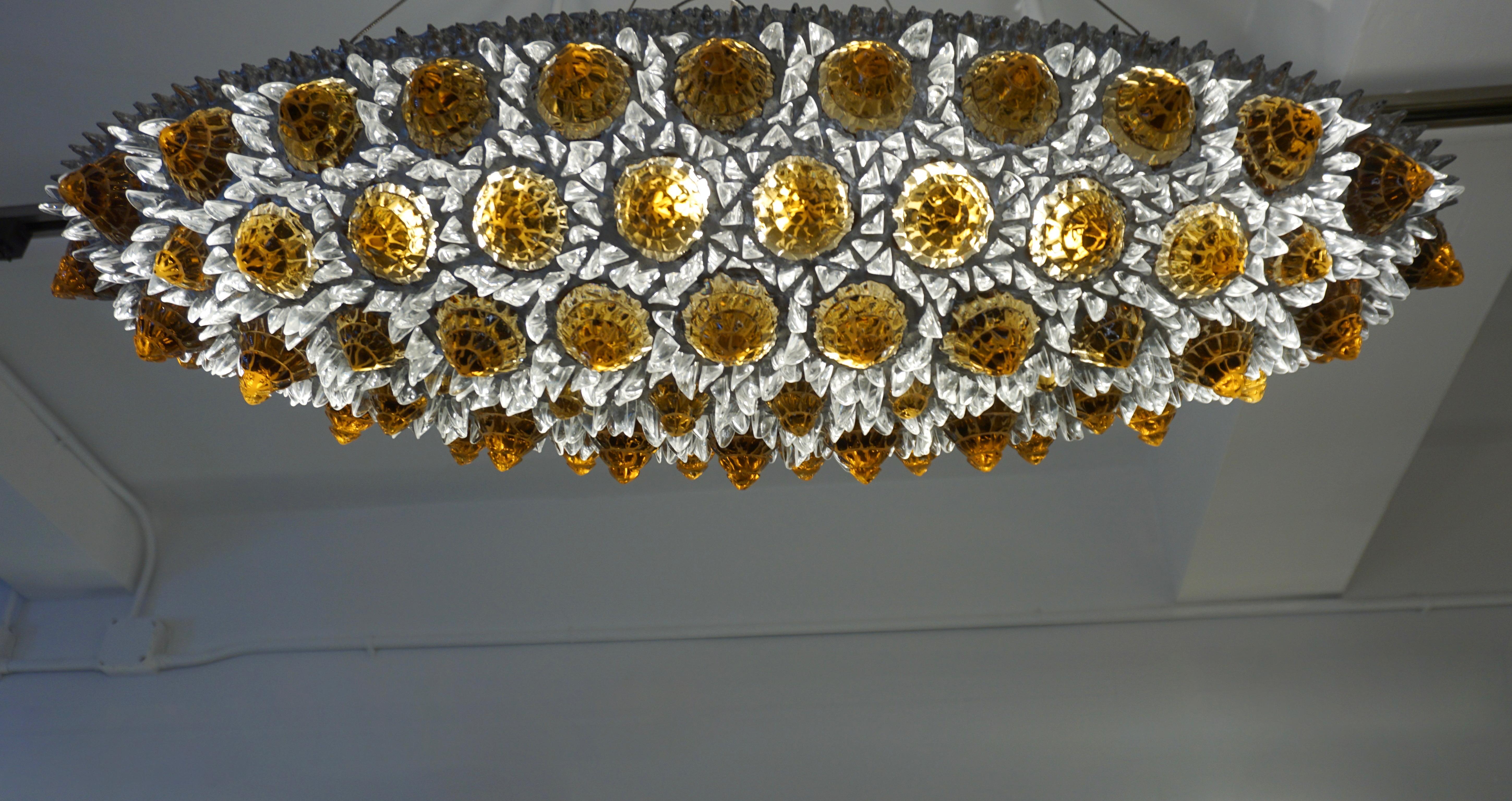 Contemporary Italian Amber Gold and Clear Glass Oval Silver Flush/Chandelier For Sale 9