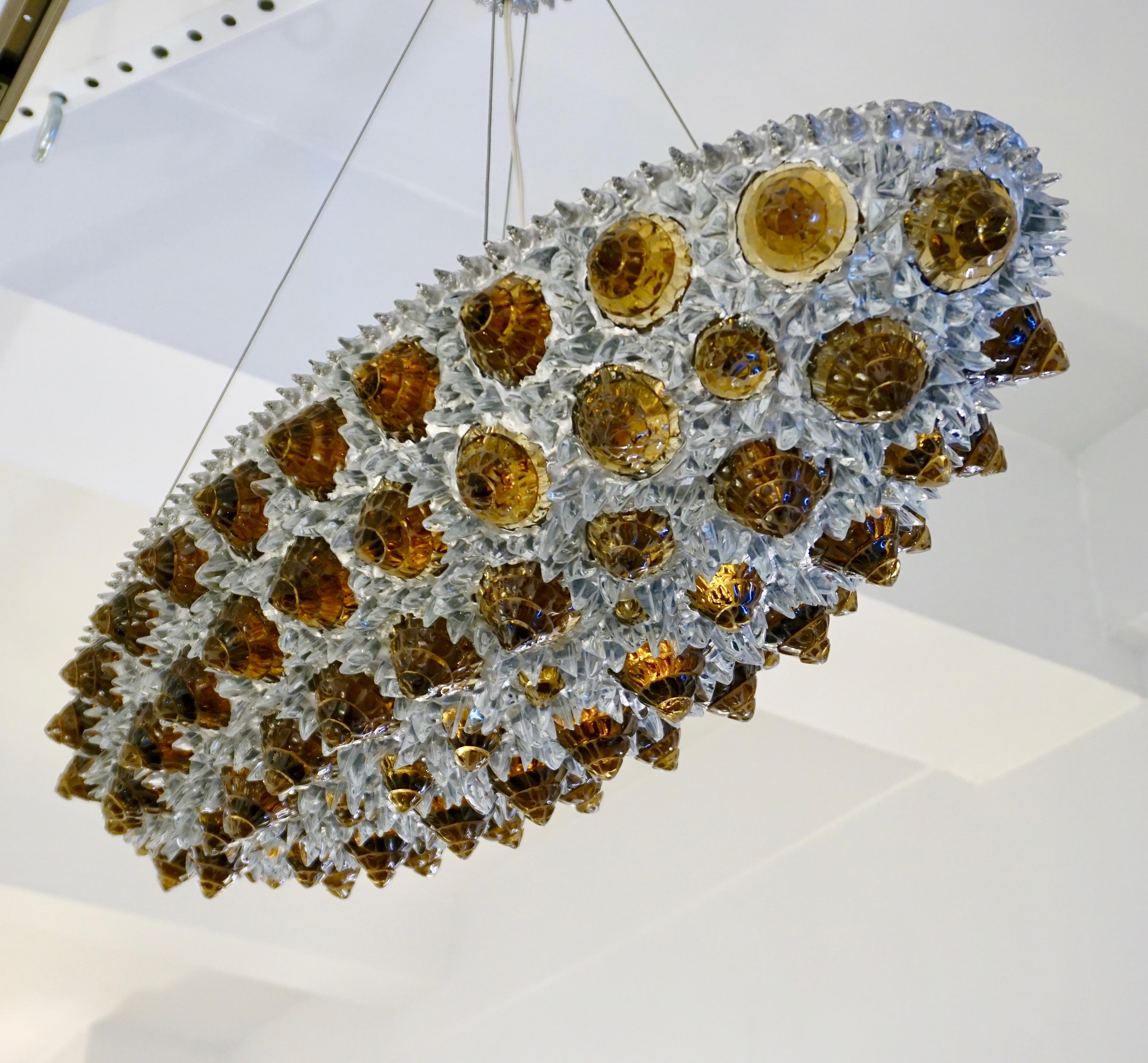 Organic Modern Contemporary Italian Amber Gold and Clear Glass Oval Silver Flush/Chandelier For Sale