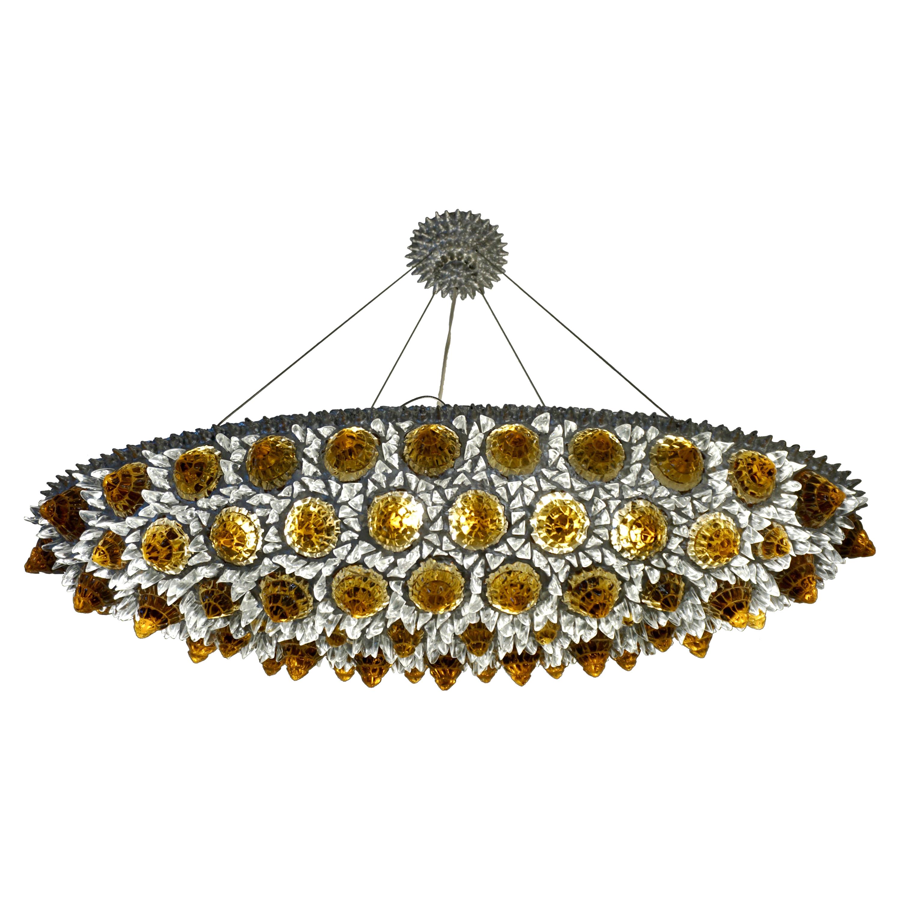 Contemporary Italian Amber Gold and Clear Glass Oval Silver Flush/Chandelier For Sale