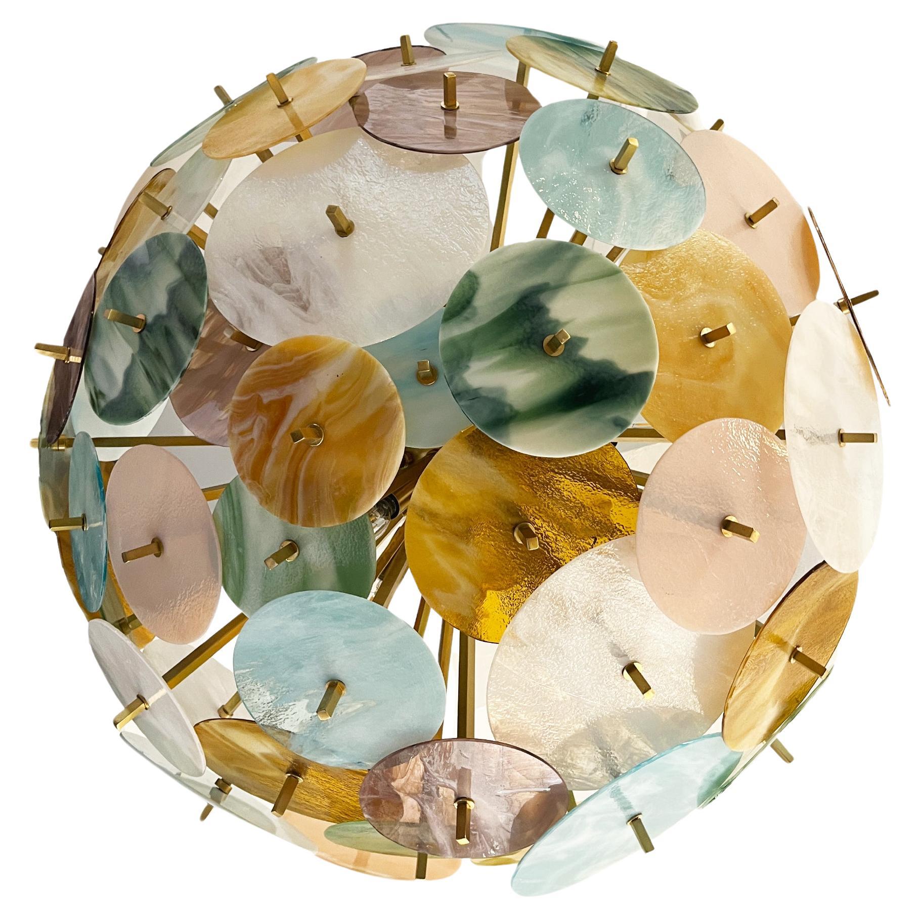 Contemporary Italian custom-made Sputnik chandelier / flush mount, entirely handcrafted, an enticing modern design. The brass structure, is composed of a central half-sphere supporting jutting out metal baguettes with an interesting square section,