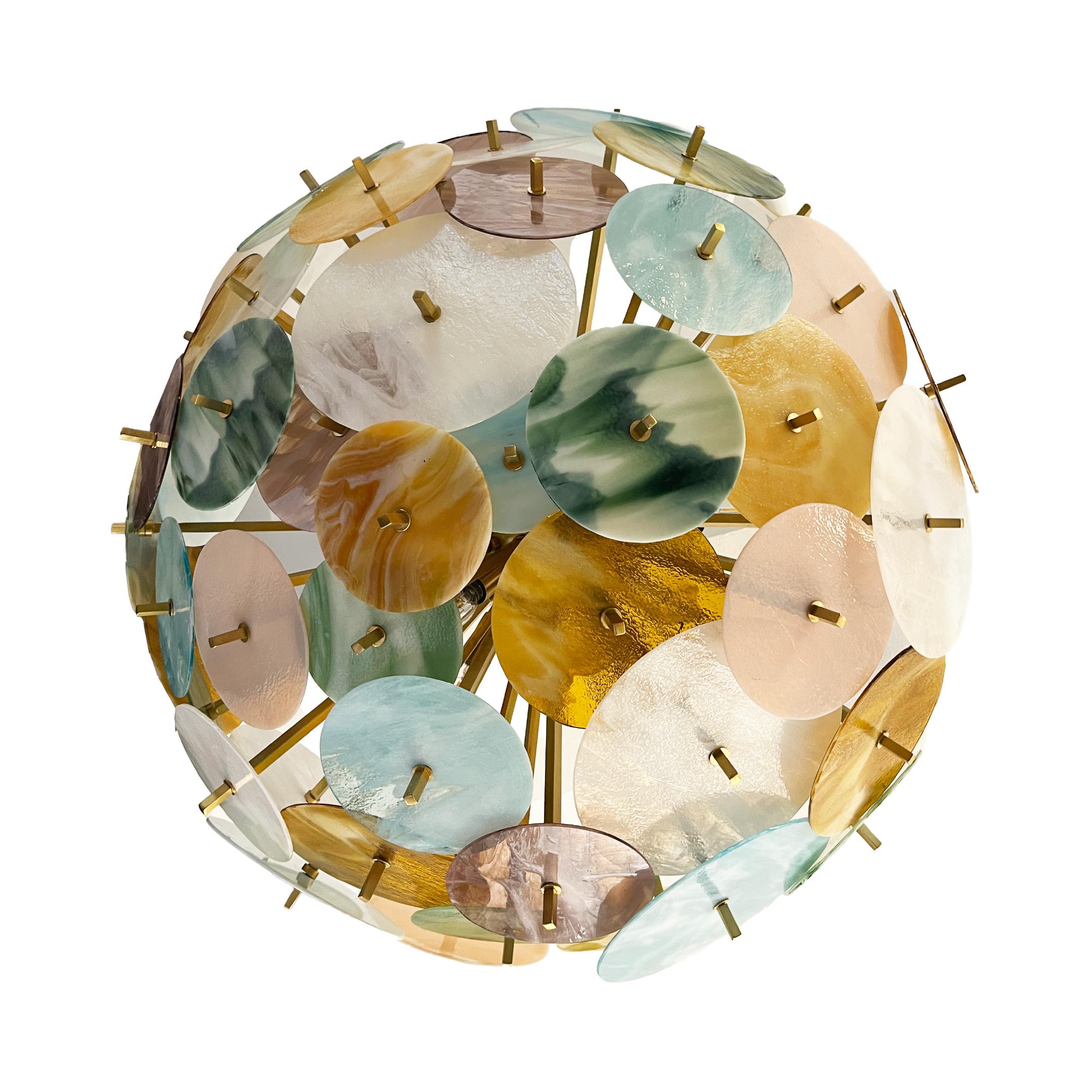 Contemporary Italian custom-made Sputnik chandelier / flush mount, entirely handcrafted, an enticing modern design. The brass structure, is composed of a central half-sphere supporting jutting out metal baguettes with an interesting square section,