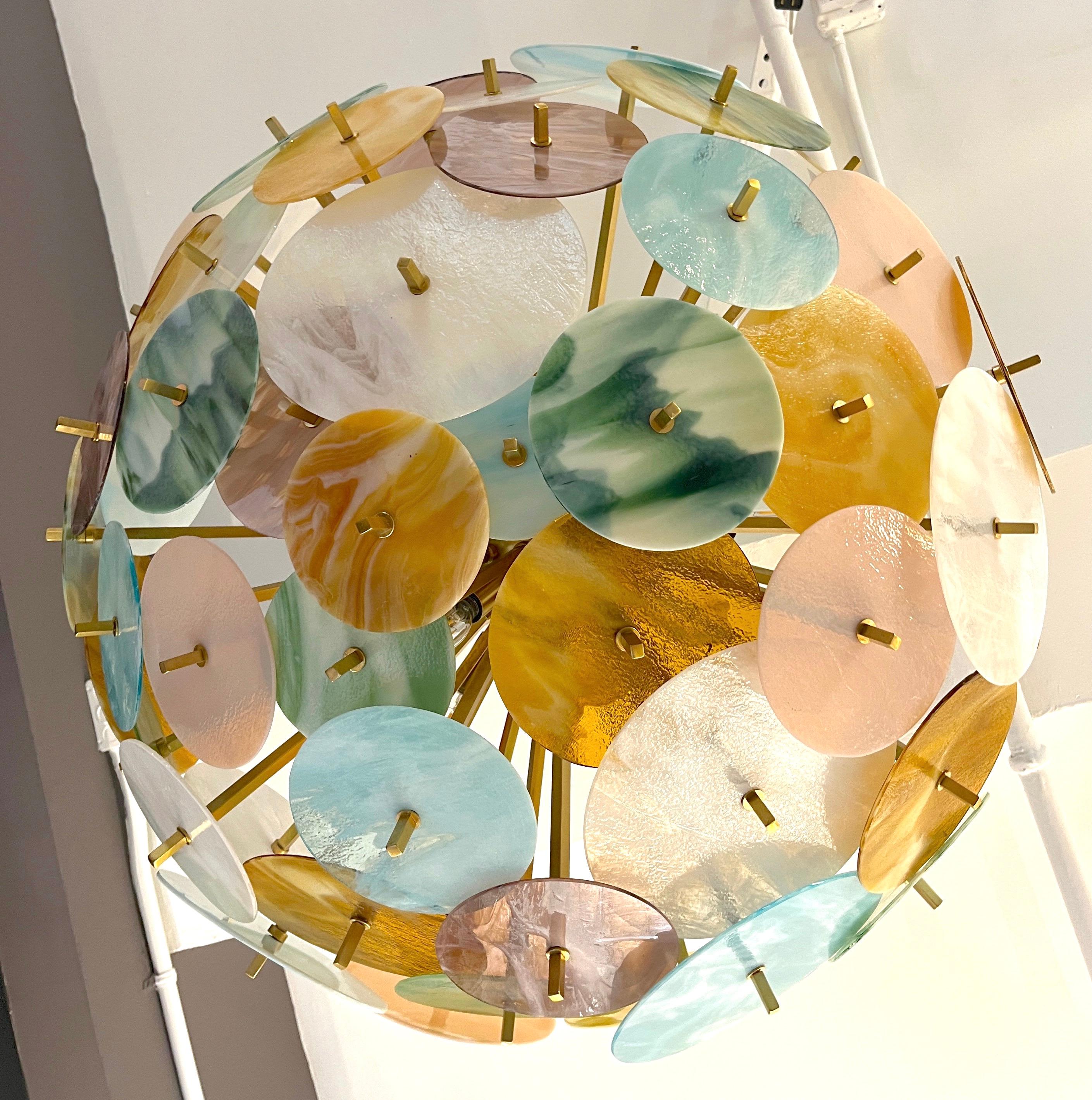Organique Plafonnier contemporain italien en verre de Murano ambre blanc aqua bleu vert Sputnik en vente