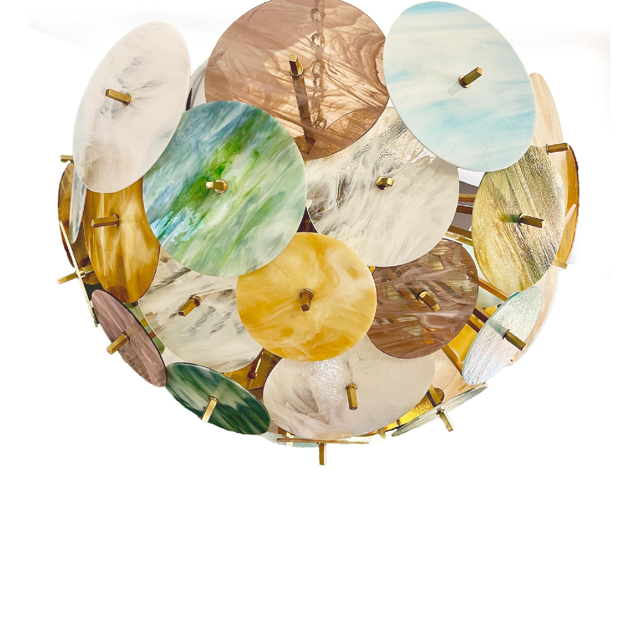 Organique Plafonnier contemporain italien en verre de Murano ambre blanc aqua bleu vert Sputnik en vente