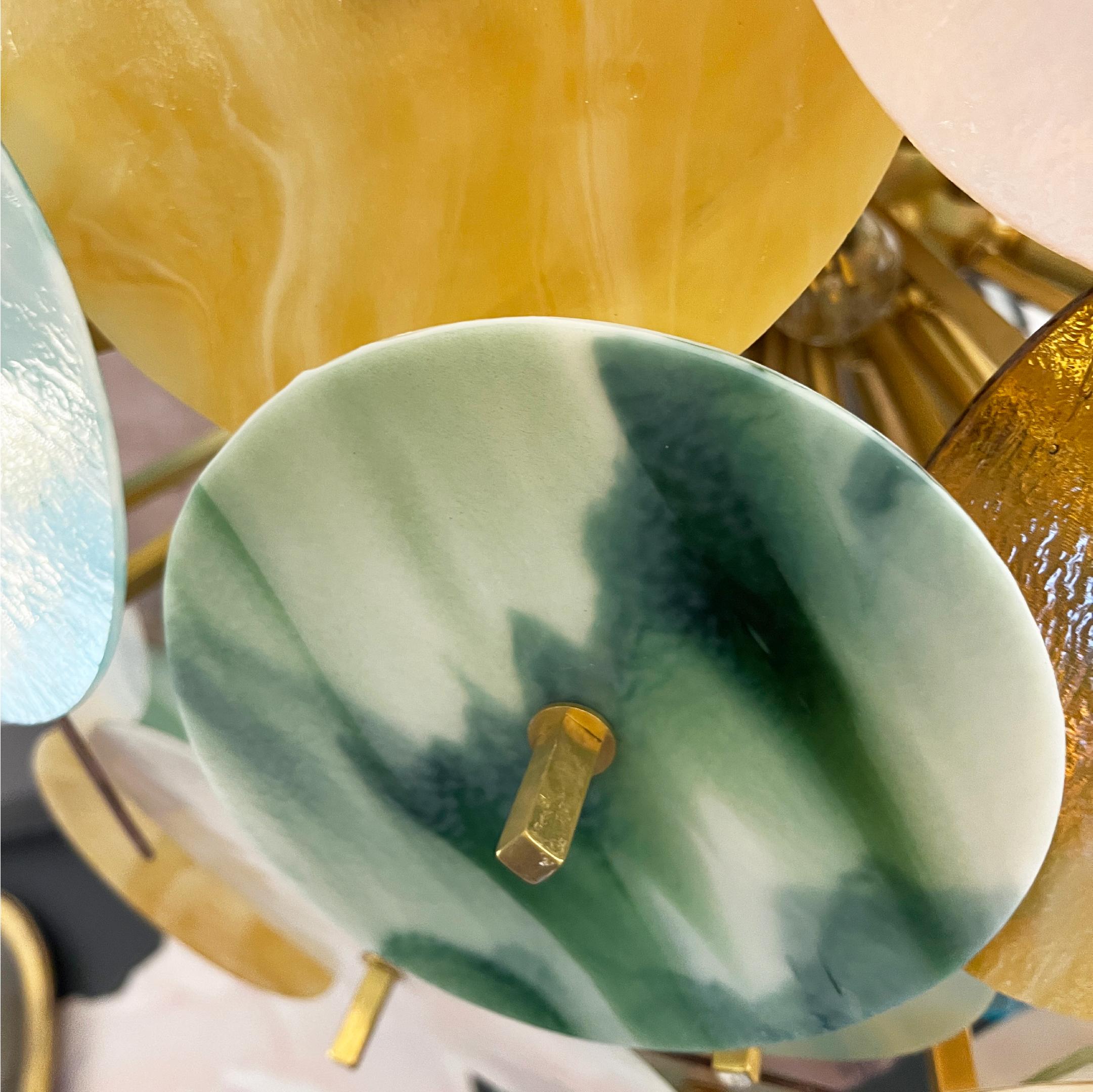 Fait main Plafonnier contemporain italien en verre de Murano ambre blanc aqua bleu vert Sputnik en vente