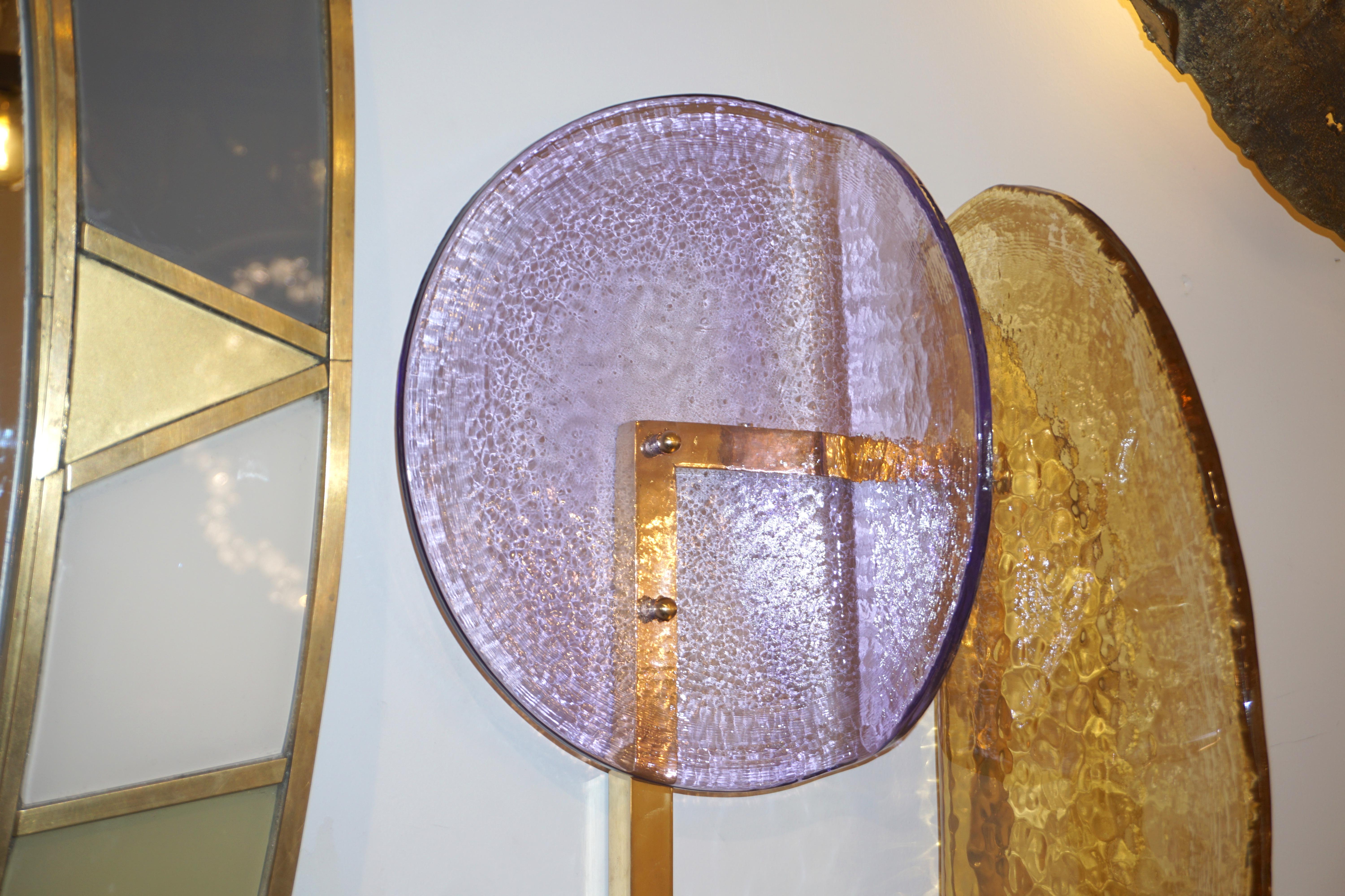 Organic Modern Contemporary Italian Amethyst Amber Murano Glass Post-Modern Gold Brass Sconce For Sale