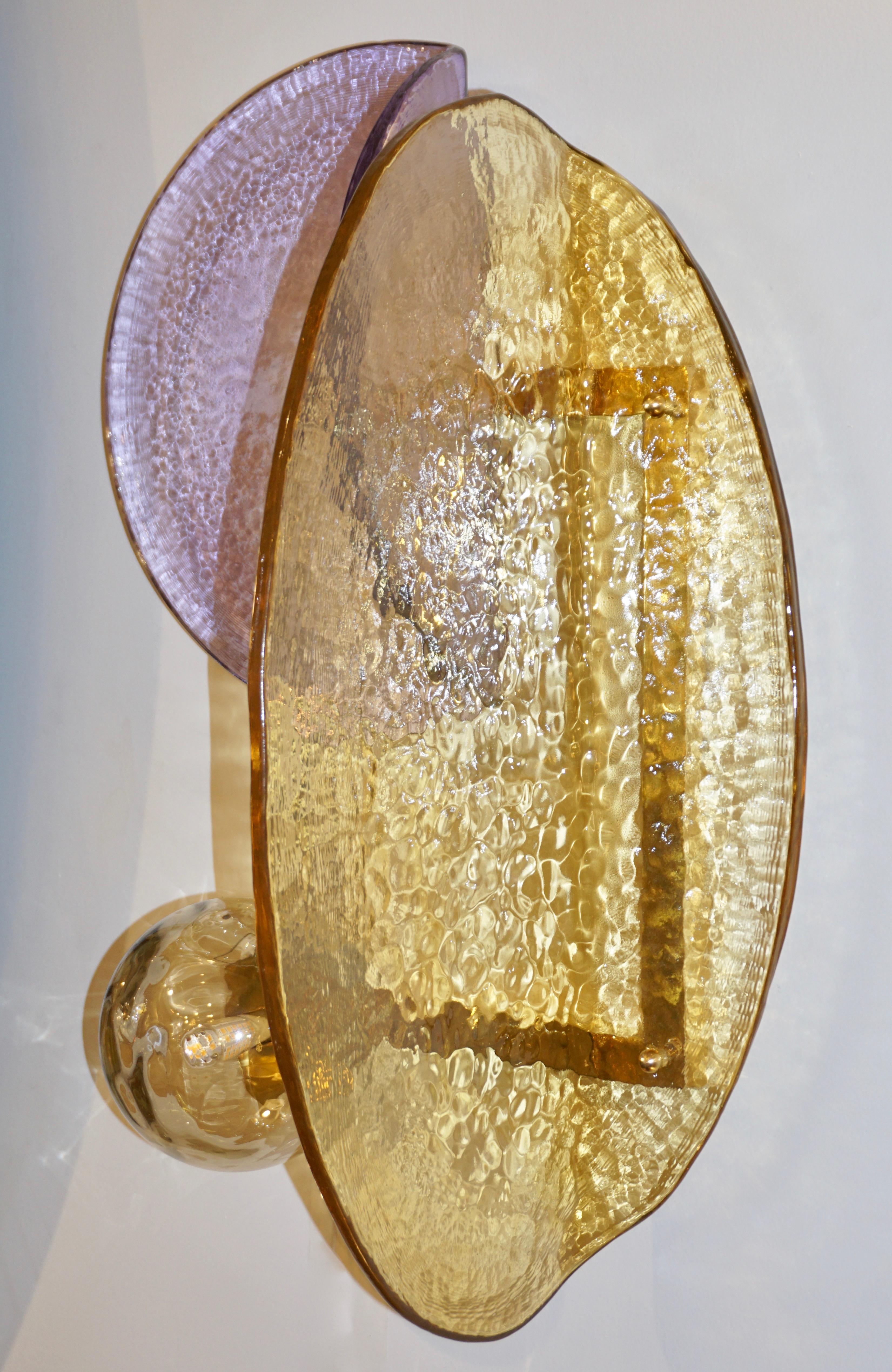 Contemporary Italian Amethyst Amber Murano Glass Post-Modern Gold Brass Sconce For Sale 2