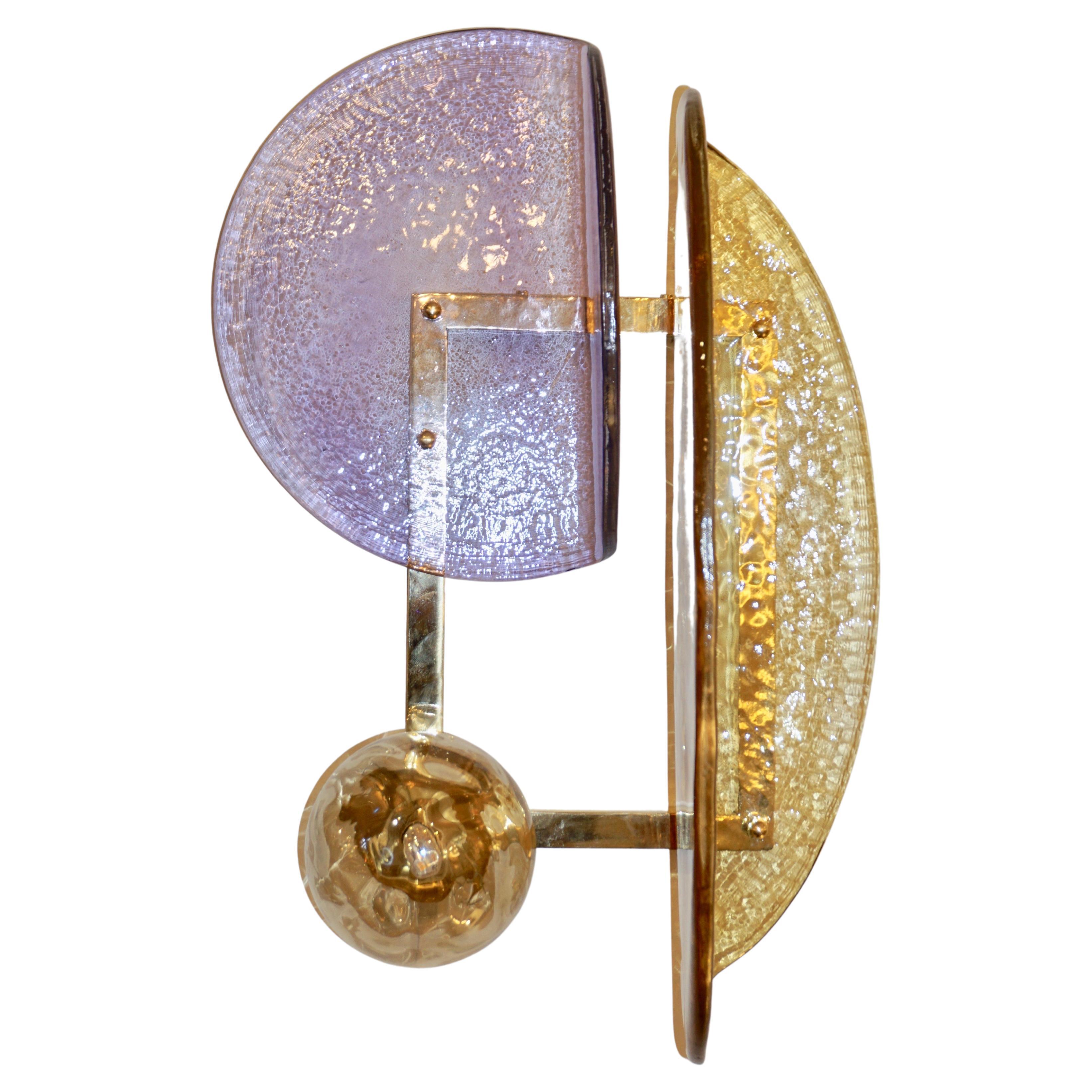 Contemporary Italian Amethyst Amber Murano Glass Post-Modern Gold Brass Sconce For Sale