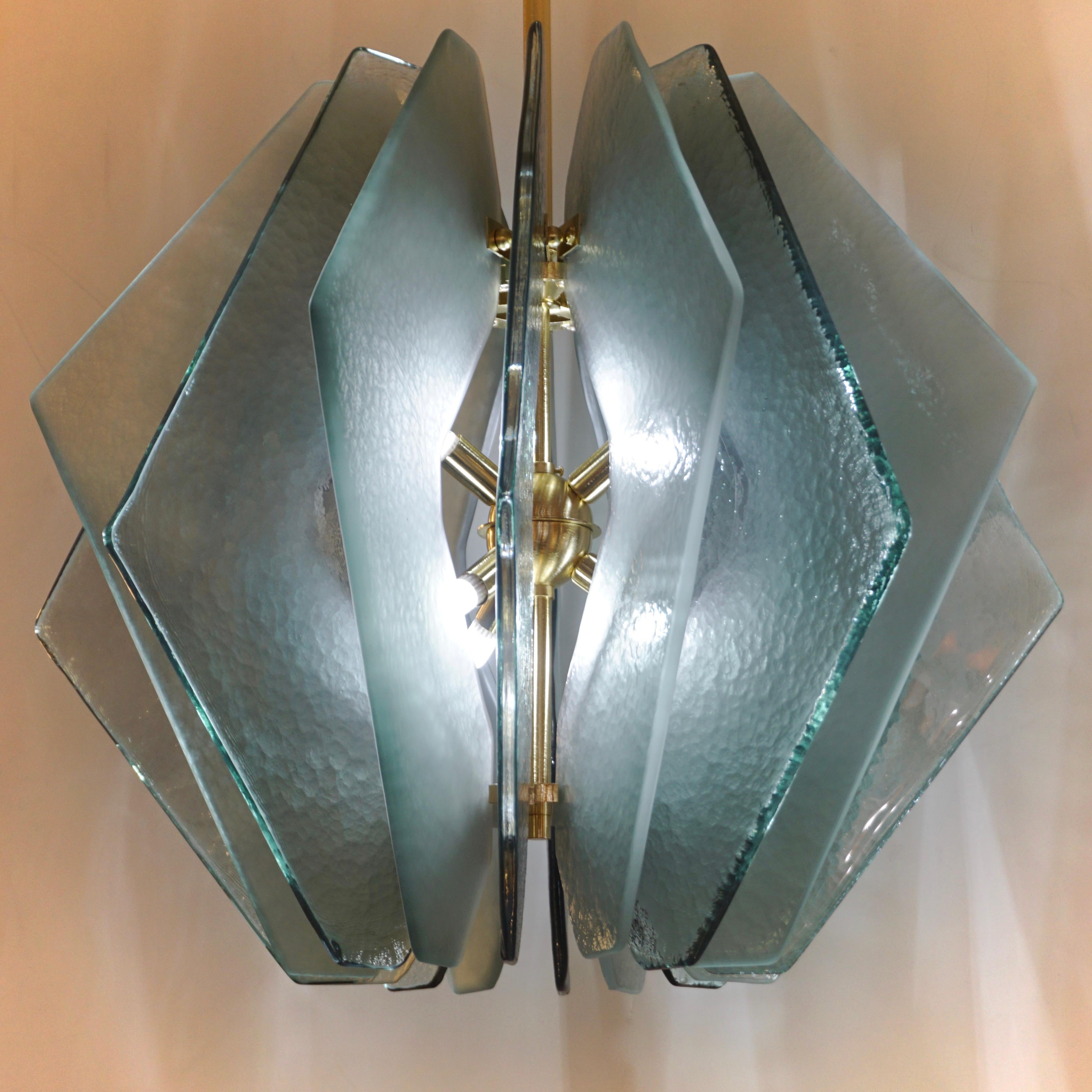 Brass Contemporary Italian Aqua Blue Green Textured Murano Glass Pendant/Chandelier For Sale