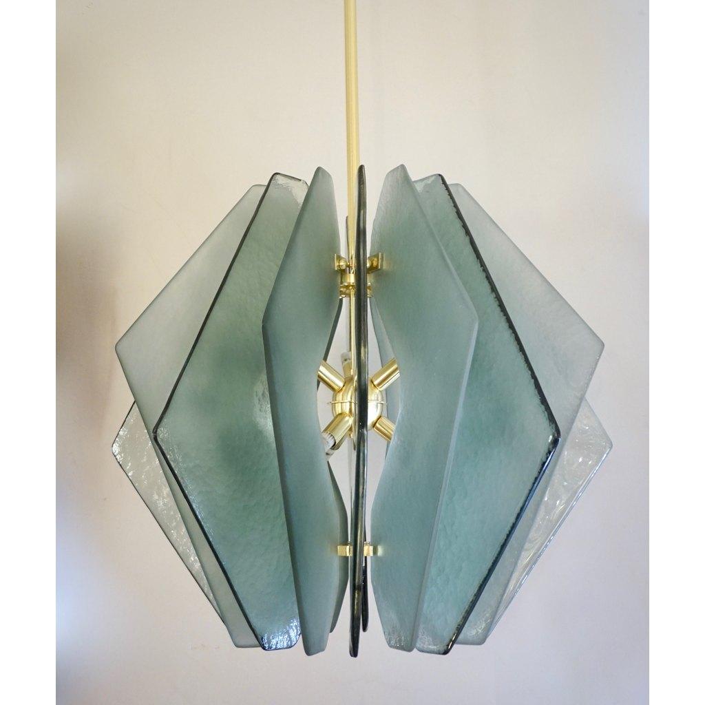 Contemporary Italian Aqua Blue Green Textured Murano Glass Pendant / Chandelier For Sale 1