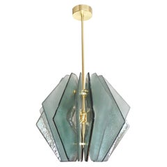 Lustre à suspension/lustre italien contemporain en verre de Murano texturé bleu aqua et vert