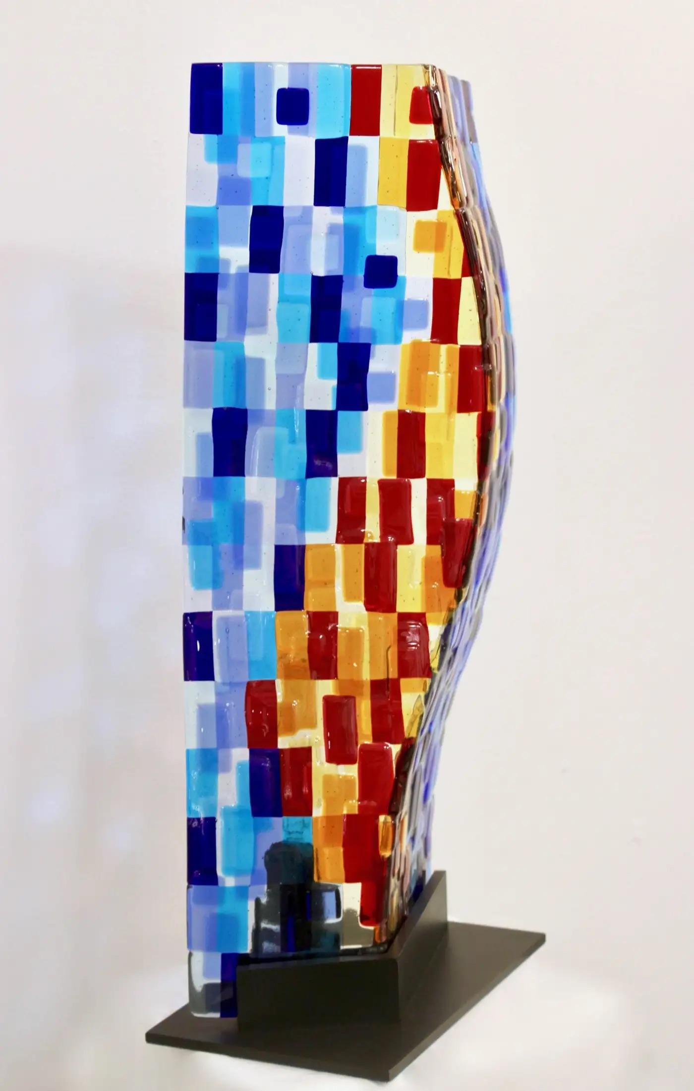 Zeitgenössische italienische Aqua Blau Rot Gelb Murano Glas Mosaik Skulptur Lampe (Metall) im Angebot