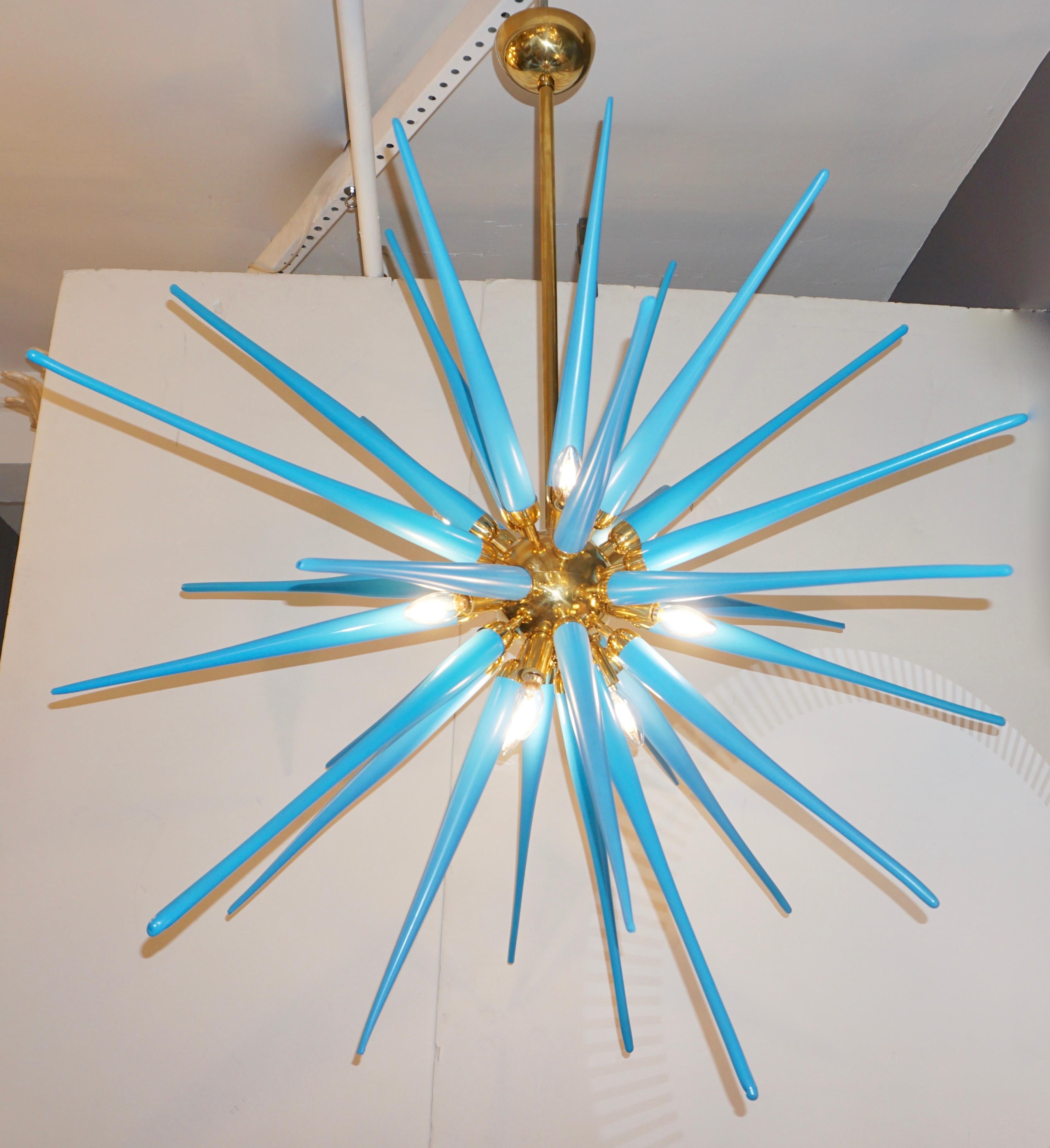 Post-Modern Contemporary Italian Aquamarine Blue Murano Glass Paste Modern Brass Sputnik For Sale