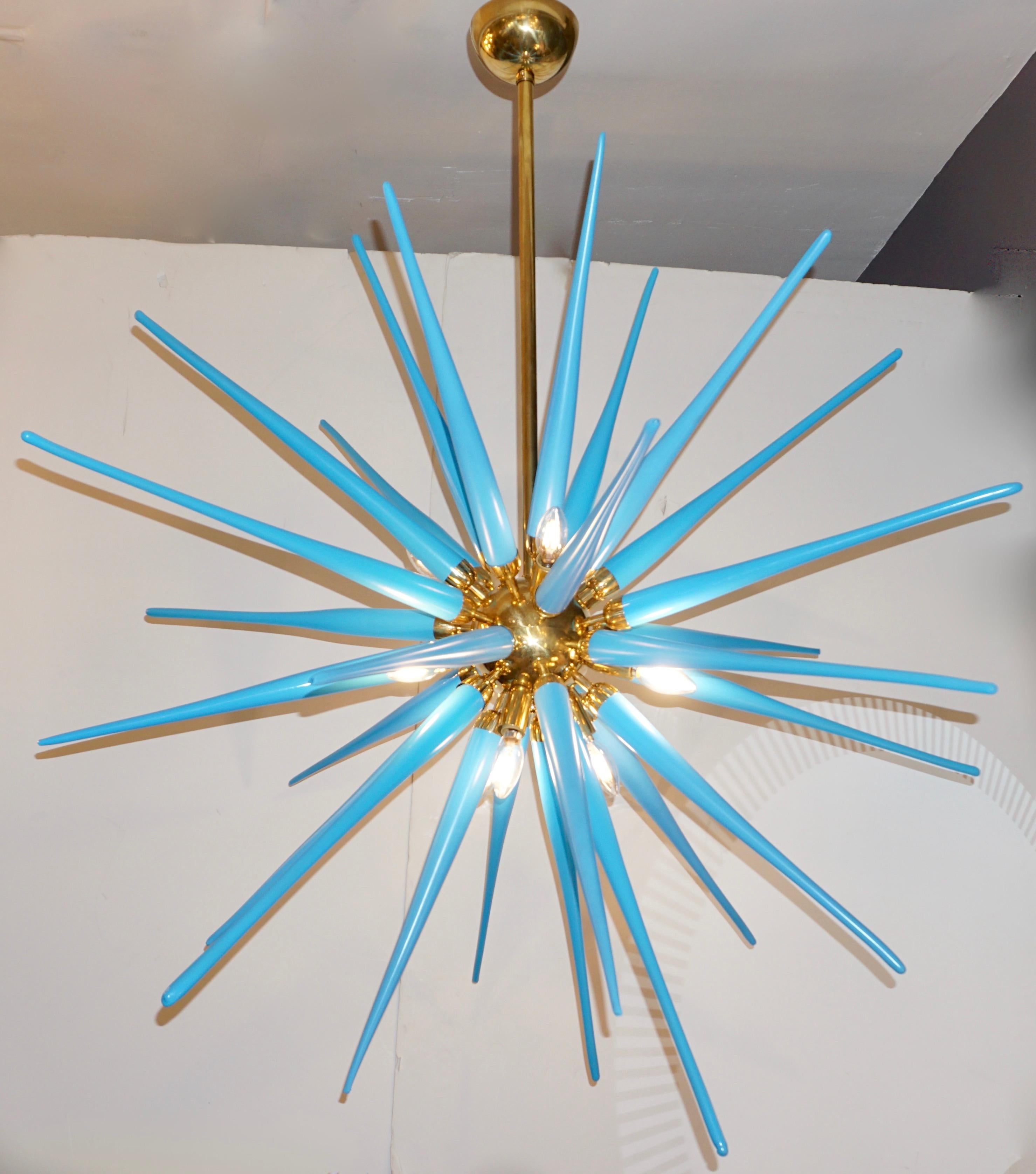 Hand-Crafted Contemporary Italian Aquamarine Blue Murano Glass Paste Modern Brass Sputnik For Sale