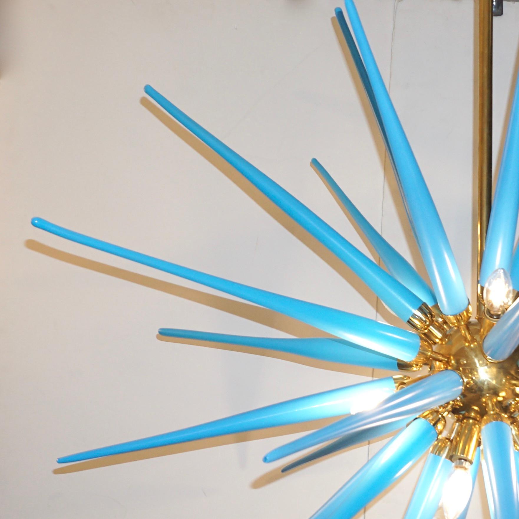 Contemporary Italian Aquamarine Blue Murano Glass Paste Modern Brass Sputnik In New Condition For Sale In New York, NY