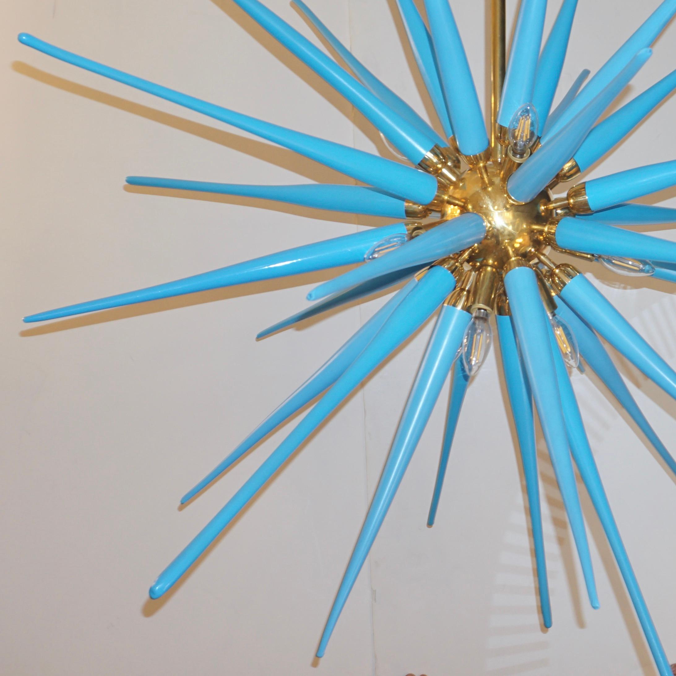 Contemporary Italian Aquamarine Blue Murano Glass Paste Modern Brass Sputnik For Sale 1