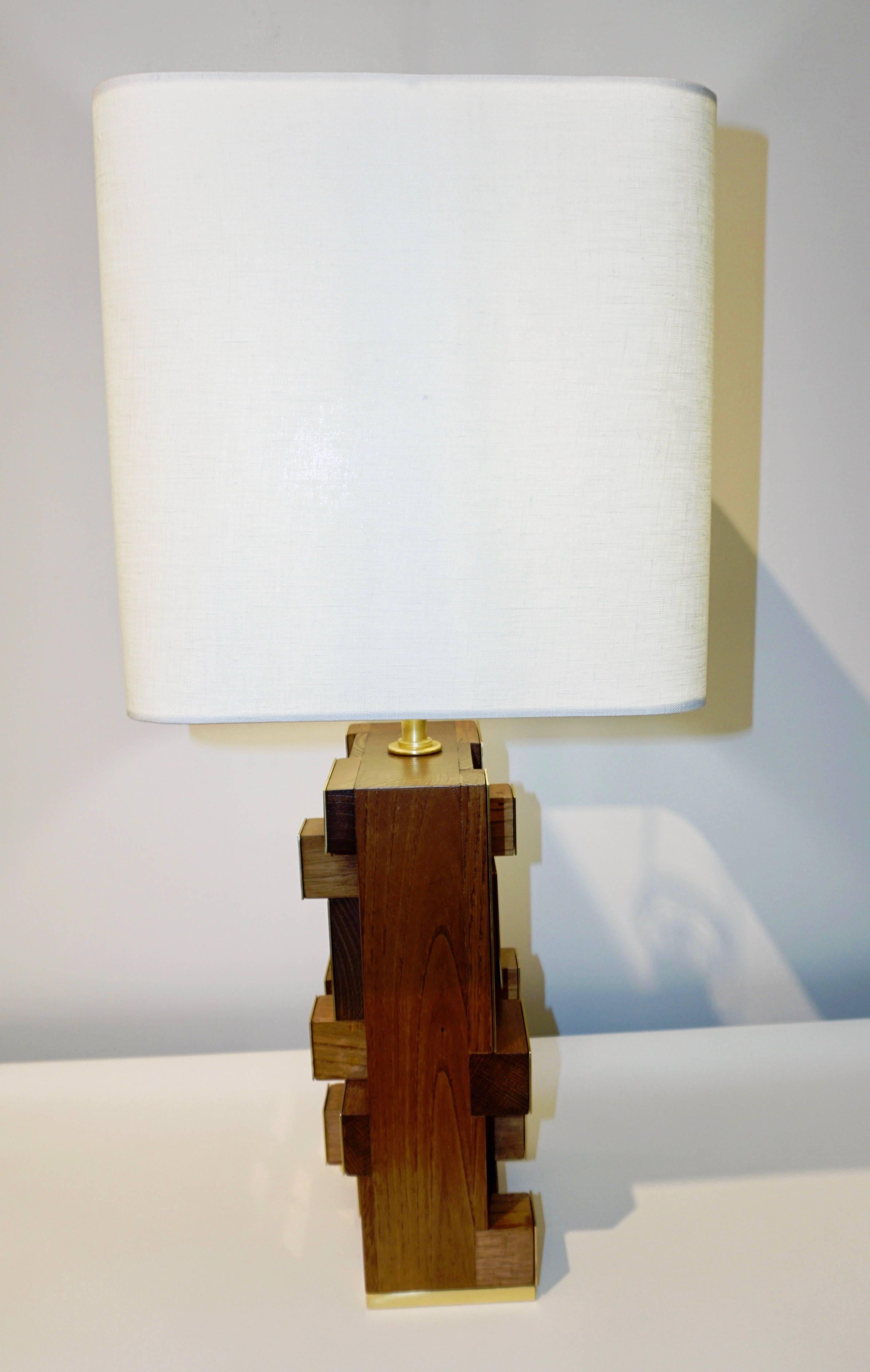Organic Modern Contemporary Italian Architectural Pair of Stepped Wood and Brass Urban Lamps For Sale