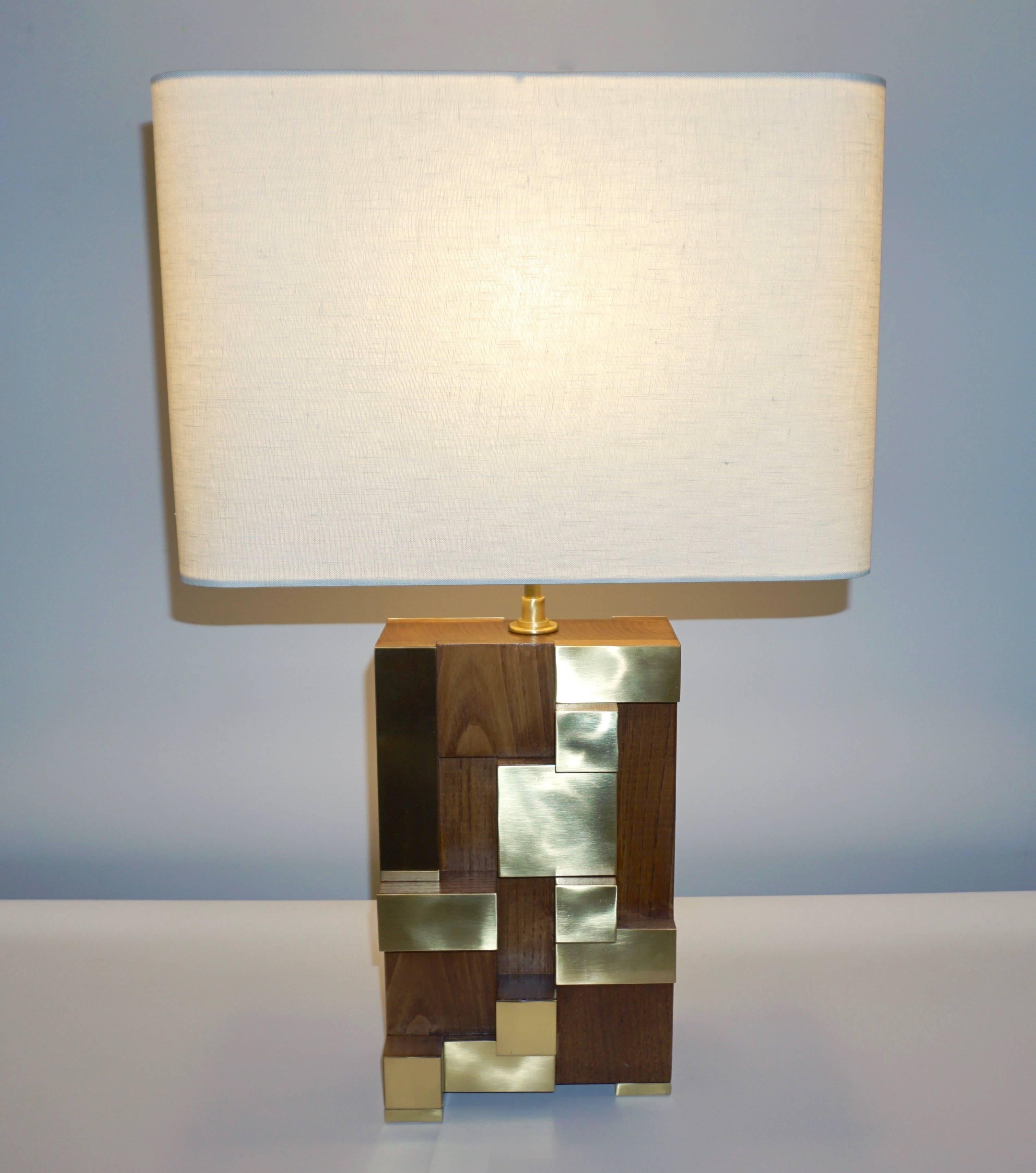 Hand-Crafted Contemporary Italian Architectural Pair of Stepped Wood and Brass Urban Lamps