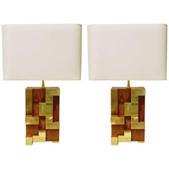 Contemporary Italian Architectural Pair of Stepped Wood and Brass Urban Lamps