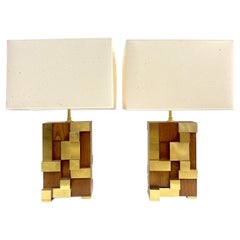 Pareja de Lámparas Urbanas Contemporáneas de Arquitectura Italiana de Madera Escalonada y Latón