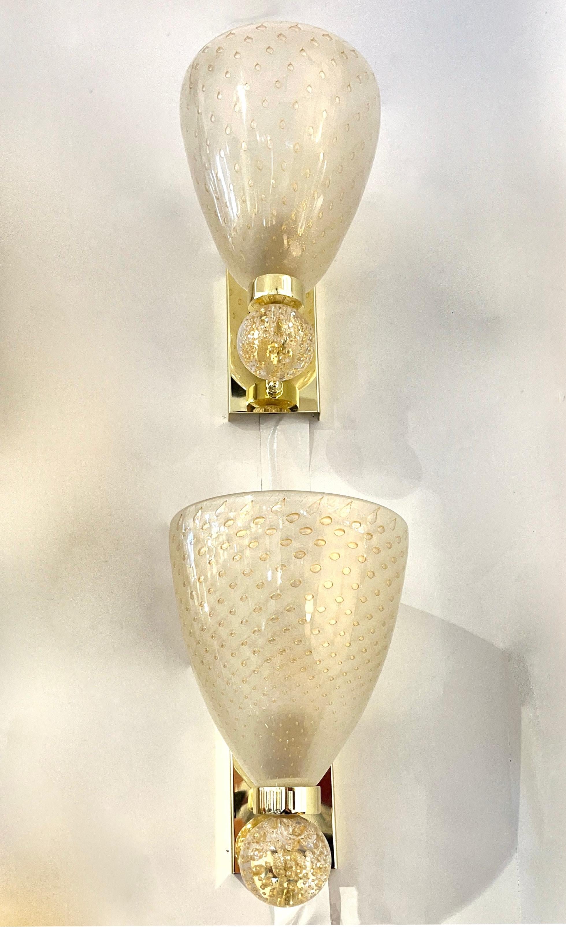 Organic Modern Contemporary Italian Art Deco Design Crystal Gold Frosted Murano Glass Sconces For Sale