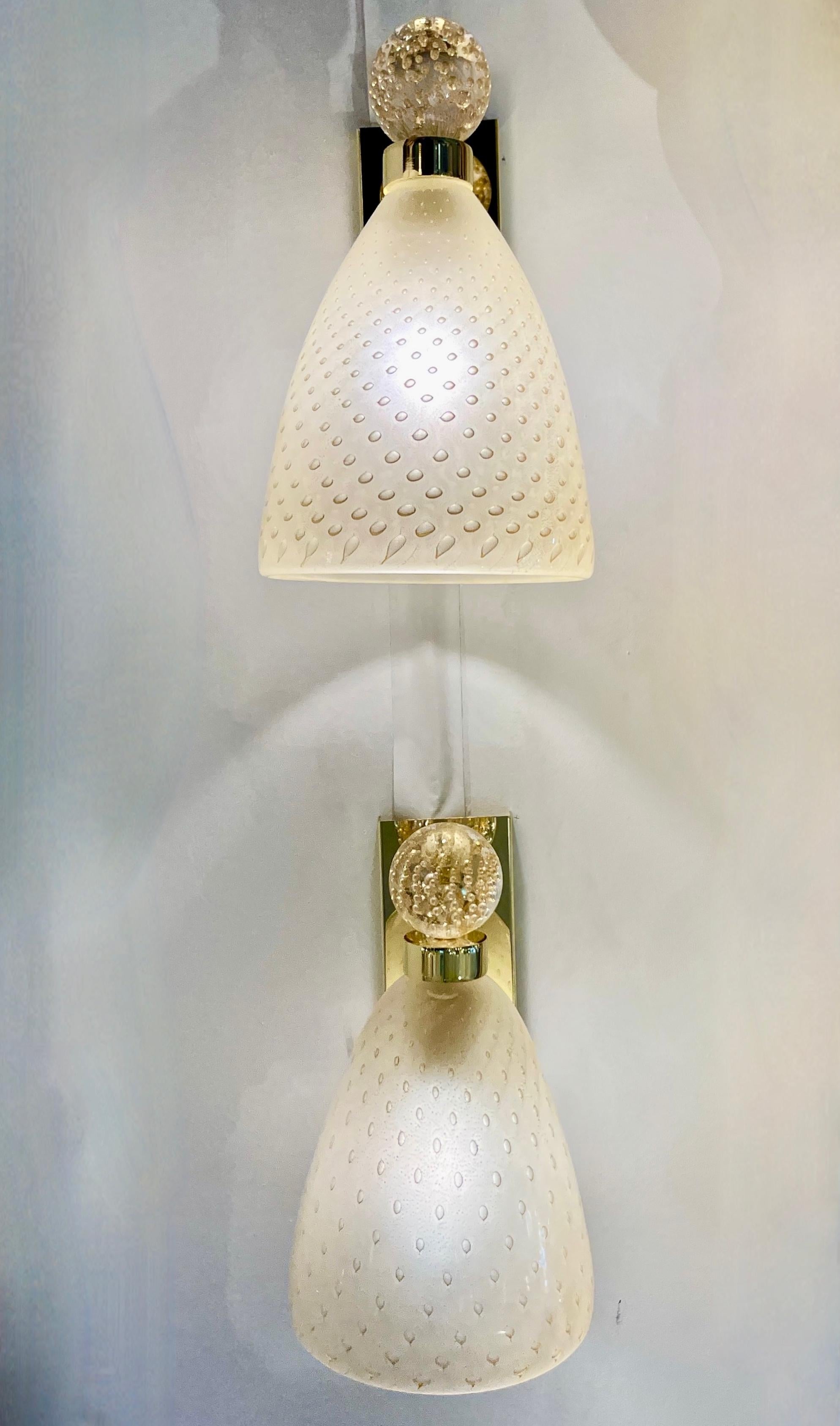 Hand-Crafted Contemporary Italian Art Deco Design Crystal Gold Frosted Murano Glass Sconces For Sale