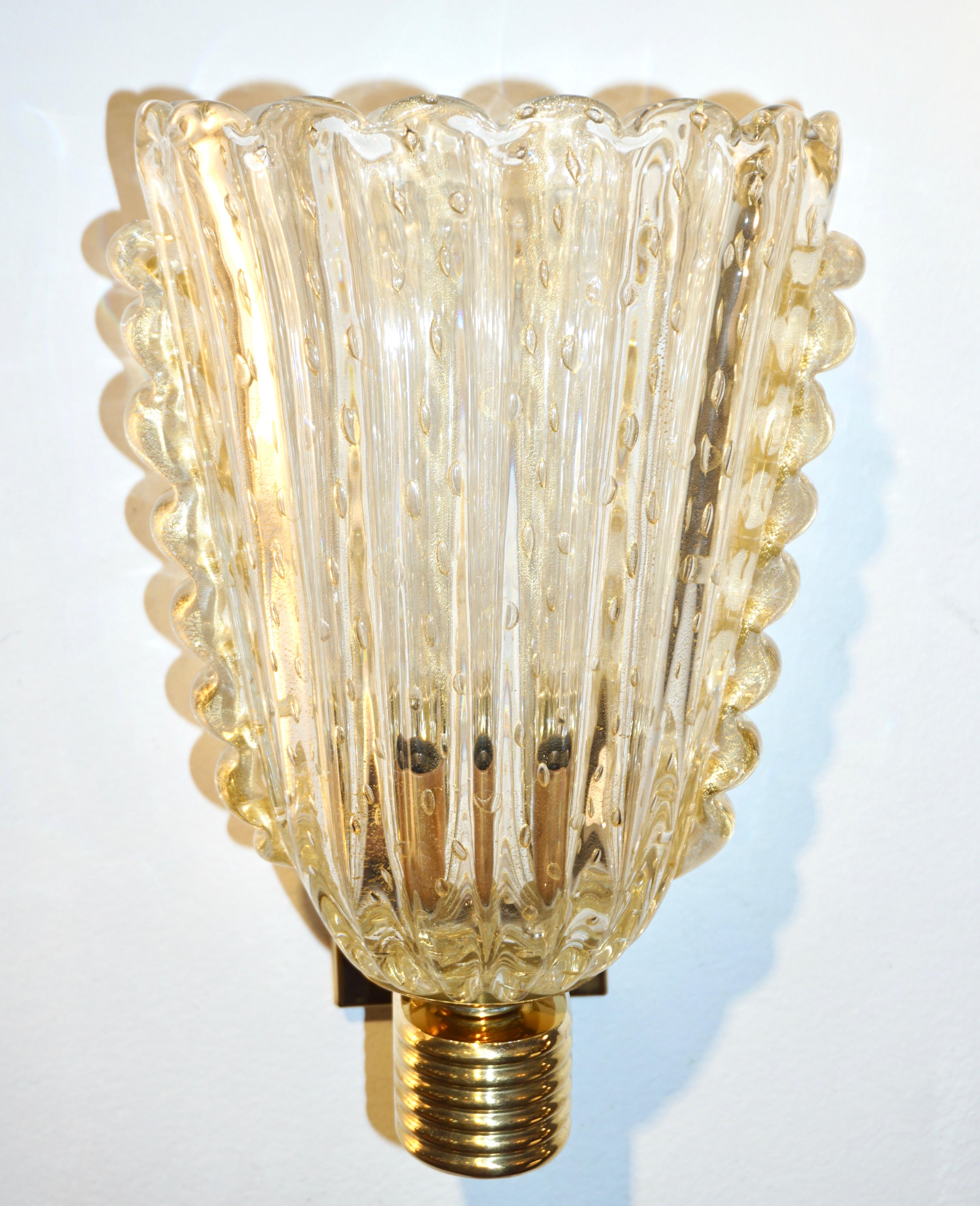 Contemporary Italian Art Deco Design Crystal Gold Leaf Murano Glass Bowl Sconces 5