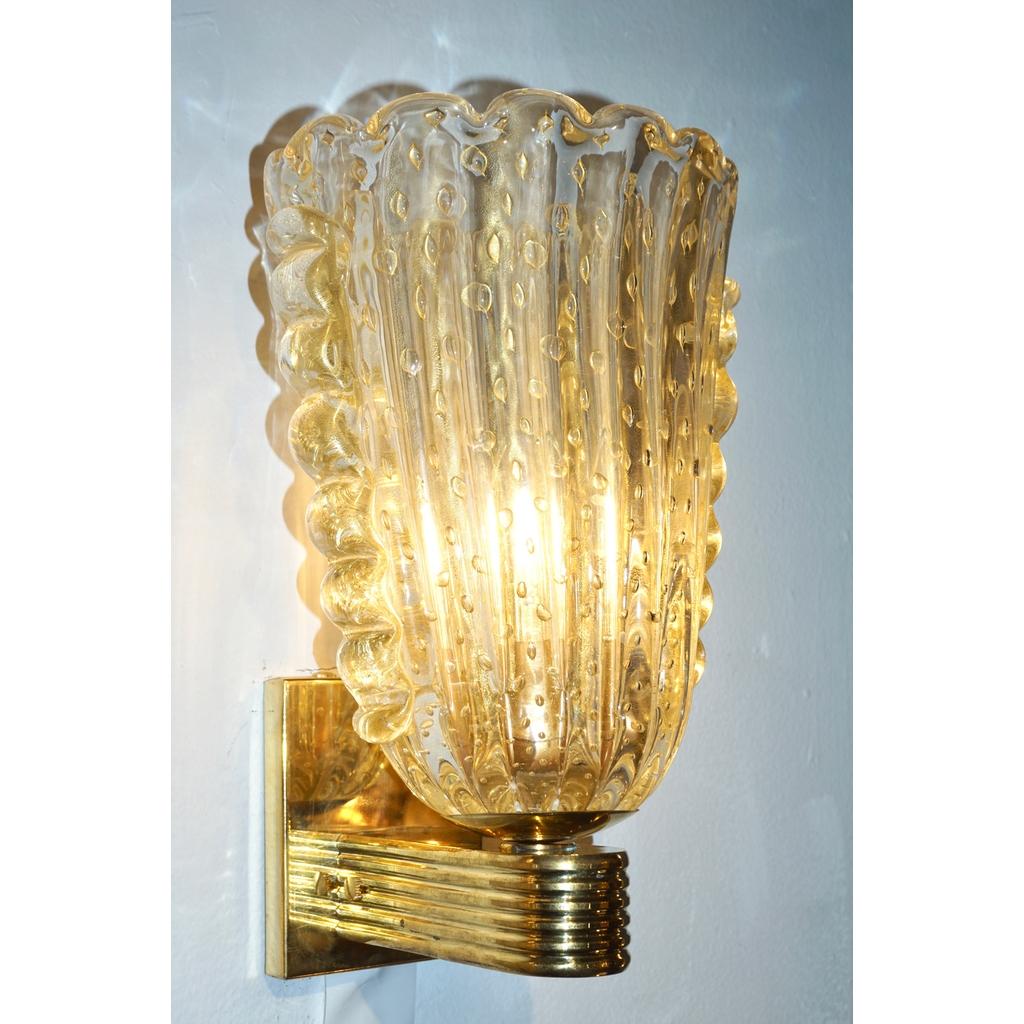 Contemporary Italian Art Deco Design Crystal Gold Leaf Murano Glass Bowl Sconces In New Condition For Sale In New York, NY