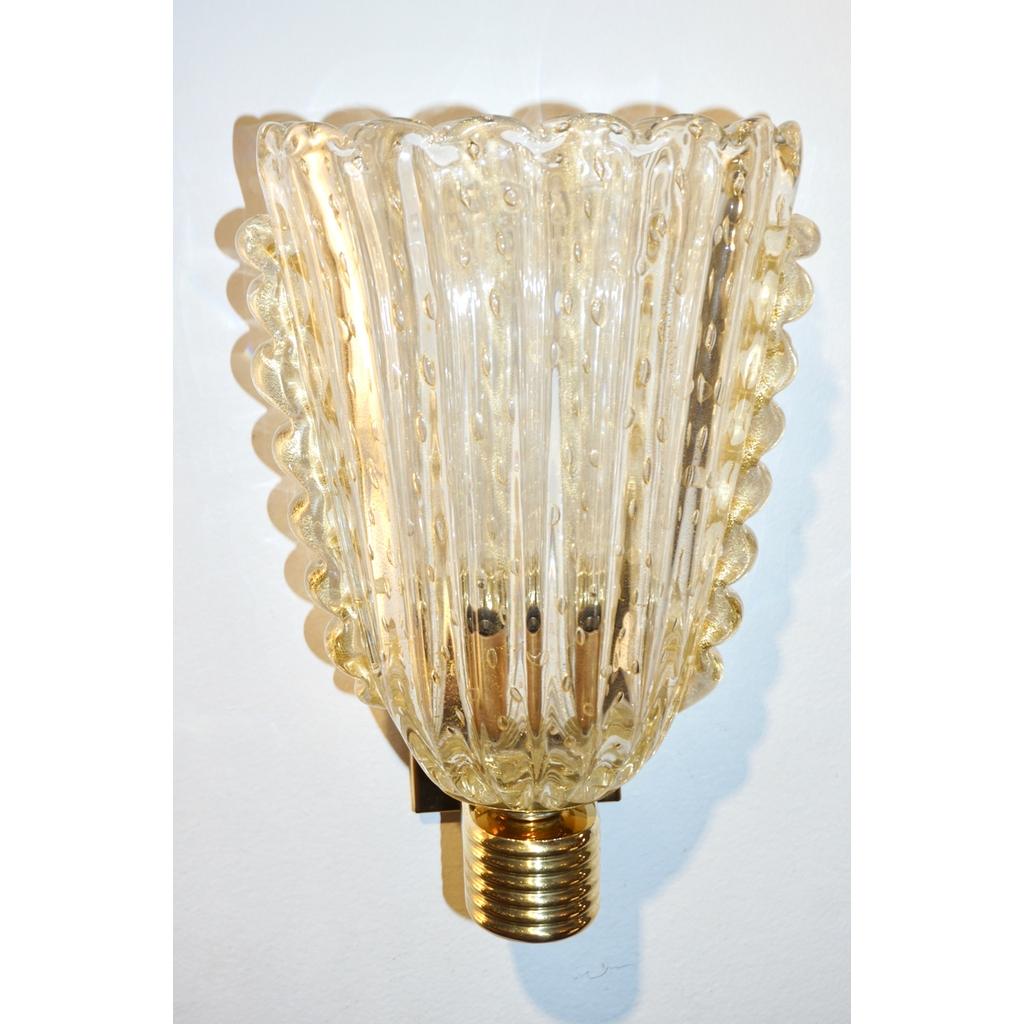 Brass Contemporary Italian Art Deco Design Crystal Gold Leaf Murano Glass Bowl Sconces For Sale